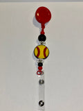 Red Softball-themed Badge Reel w/Yellow & Red Softball & Black & Crystal Accents