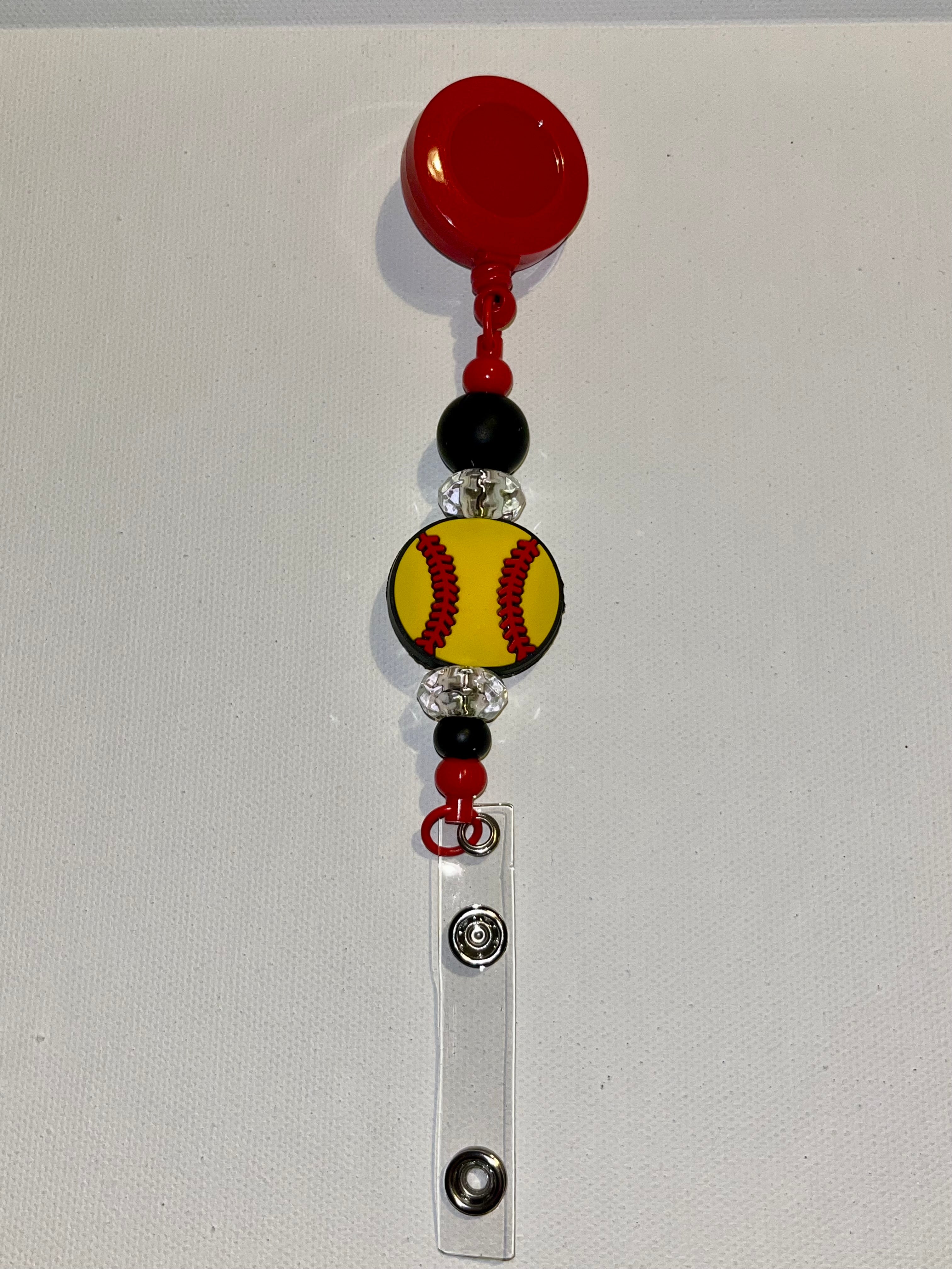 Red Softball-themed Badge Reel w/Yellow & Red Softball & Black & Crystal Accents