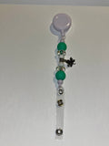 Retractable Green, White & Silver Beaded White Badge Reel w/Silver Leaf Charm