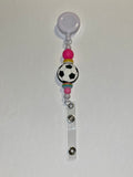 Retractable Badge Reel w/Soccer Ball Charm & Pink & Rainbow Striped Accent Beads