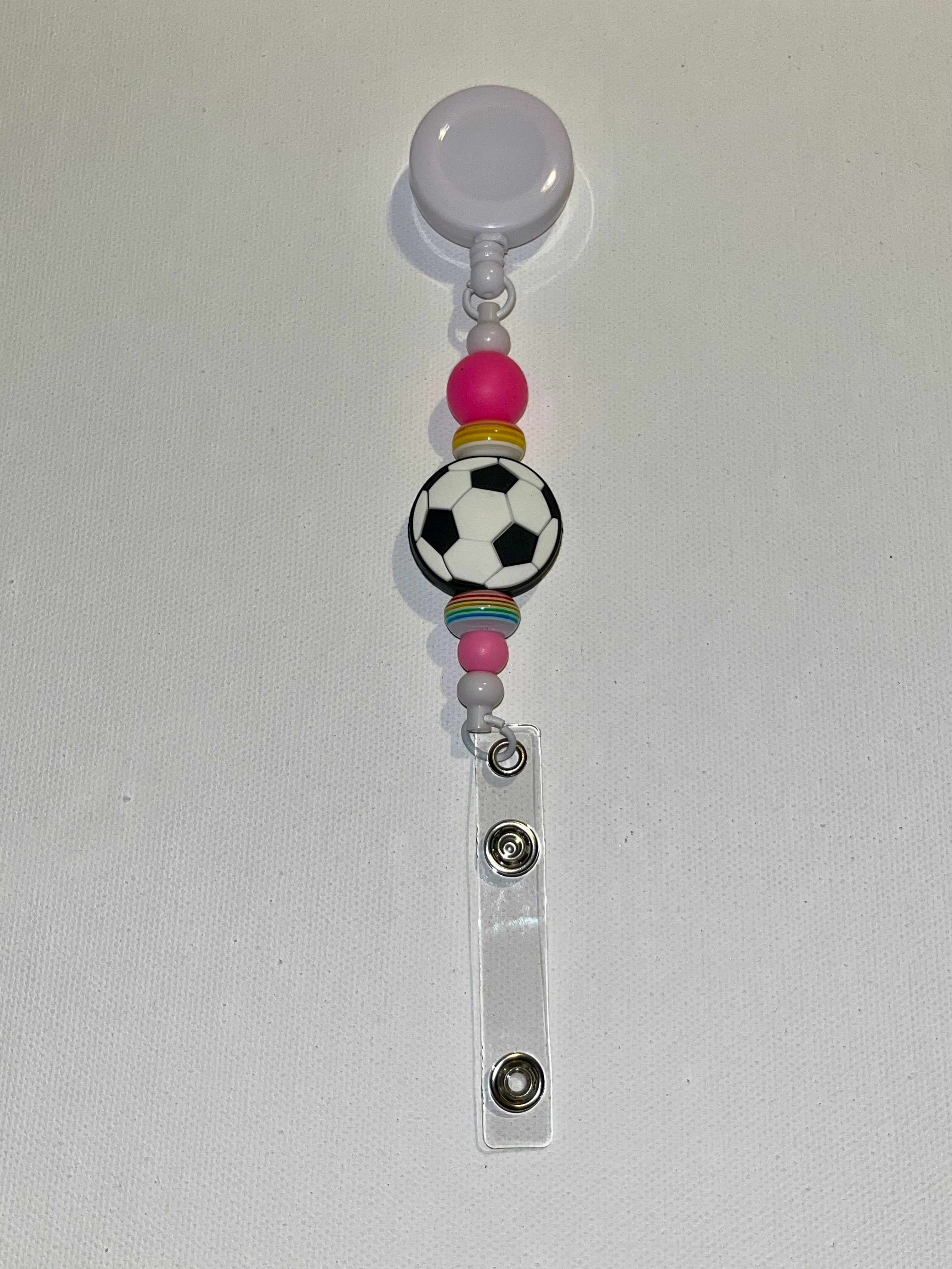 Retractable Badge Reel w/Soccer Ball Charm & Pink & Rainbow Striped Accent Beads