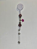 Purple Flower Charm White Beaded Badge Reel w/Pearl & Ornate Silver Accents