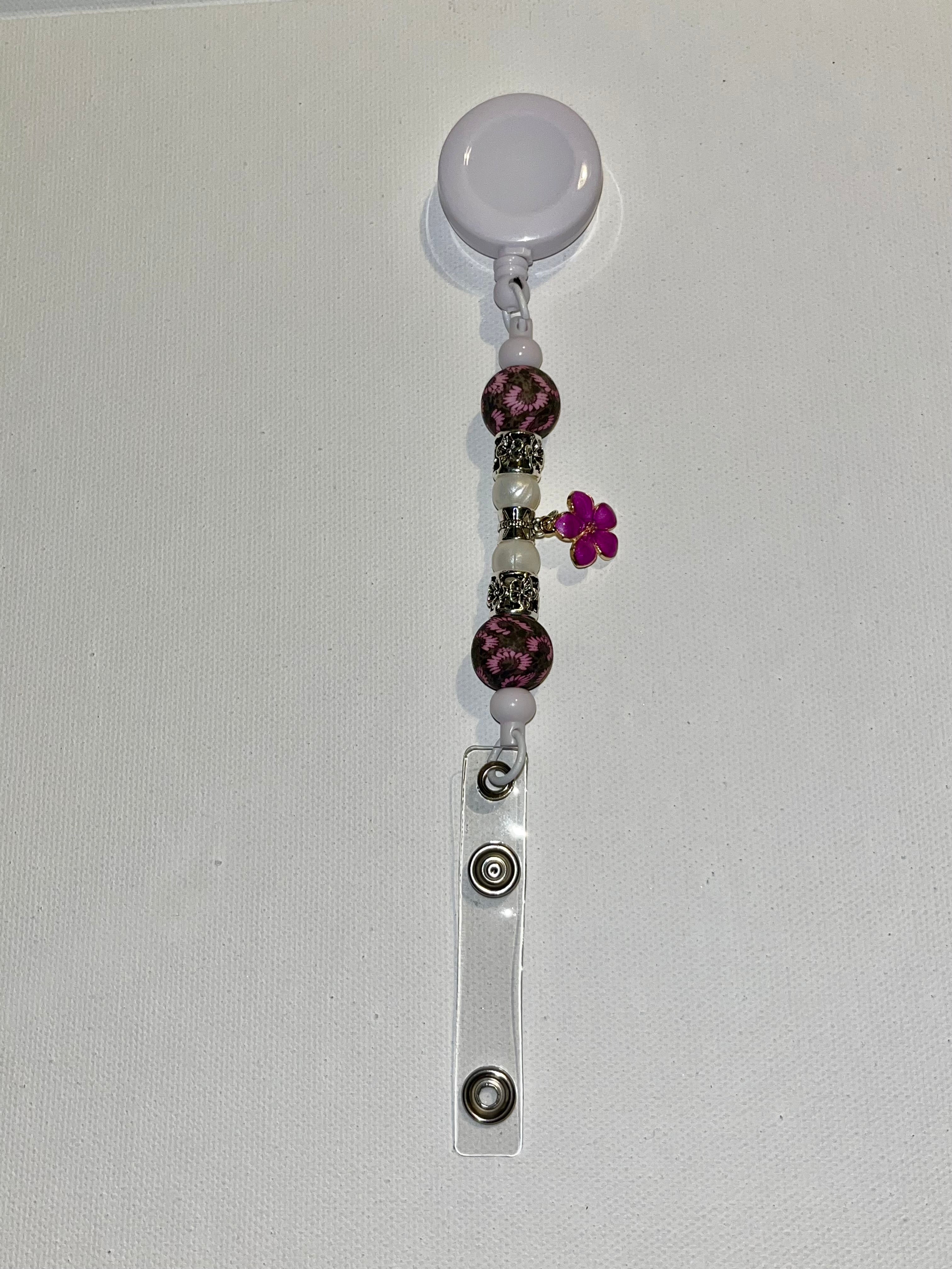 Purple Flower Charm White Beaded Badge Reel w/Pearl & Ornate Silver Accents