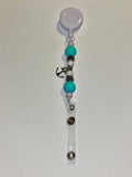 Beaded Anchor Badge Reel - Turquoise and White w/Ornate Silver Beads