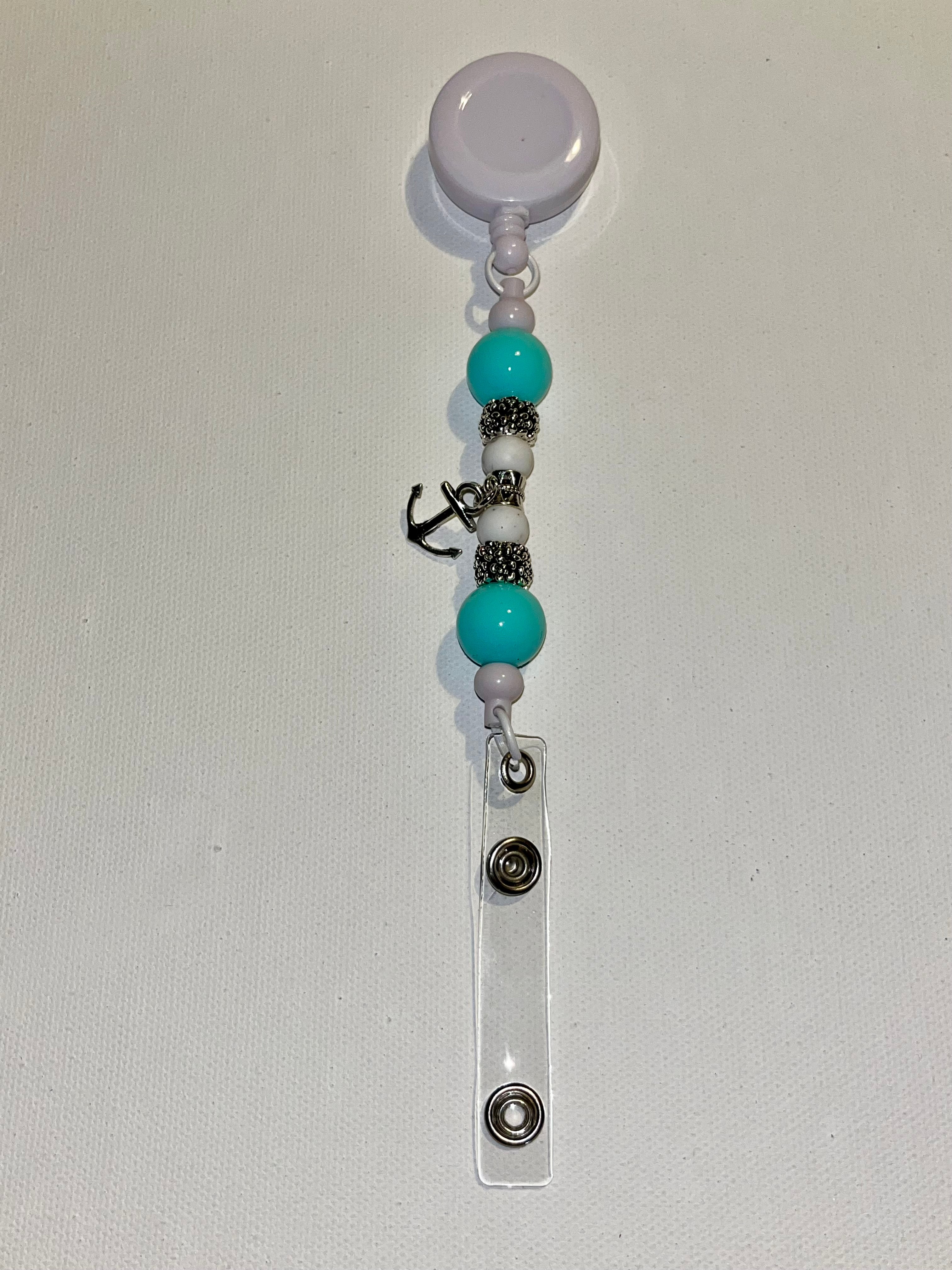 Beaded Anchor Badge Reel - Turquoise and White w/Ornate Silver Beads
