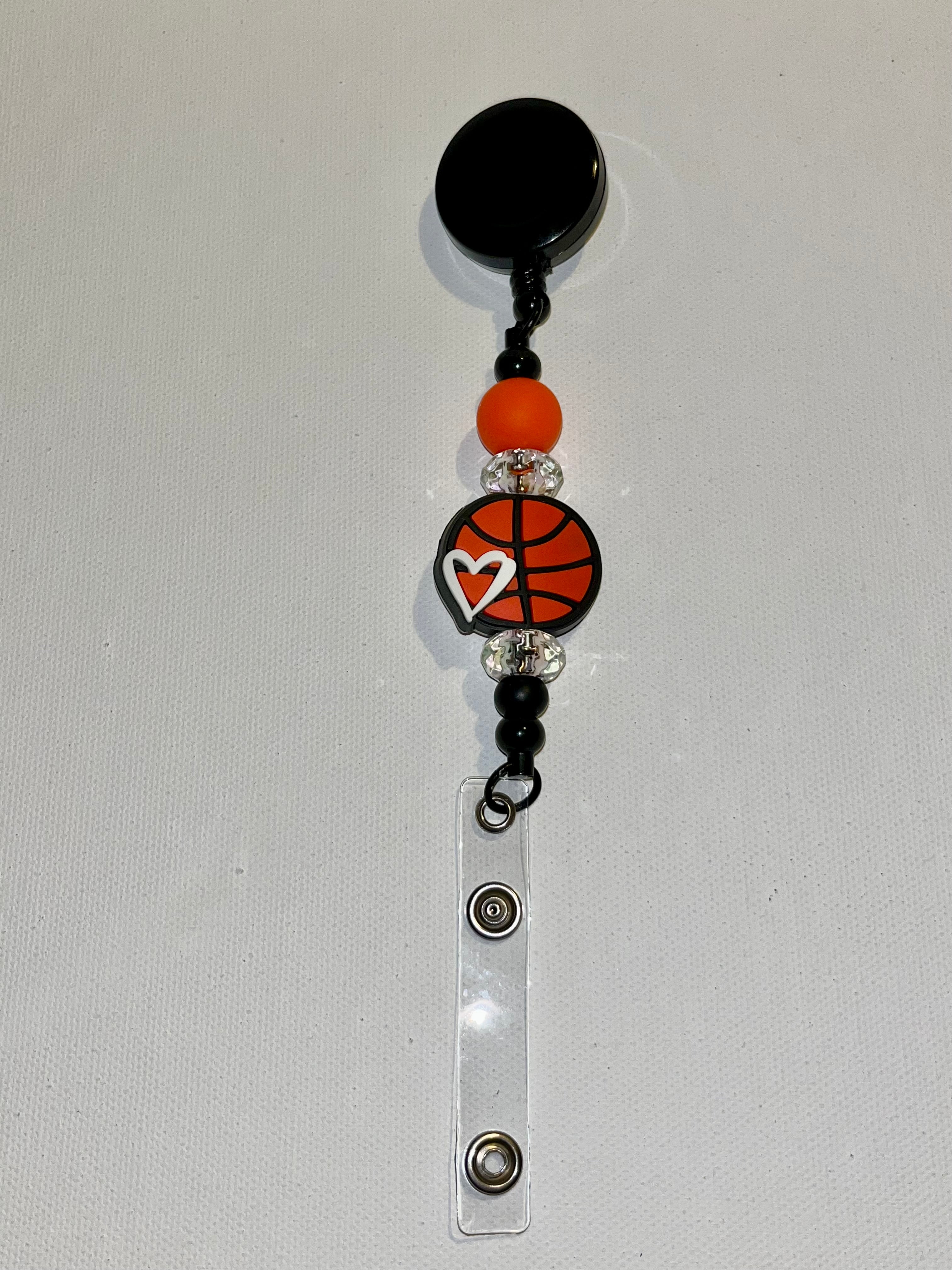 Retractable Basketball w/Heart Beaded Badge Reel w/Black/Orange/Crystal Accents