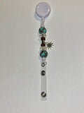 Retractable Badge Reel w/Crystal Glass &amp; Teal &amp; Brown Speckled Beads &amp; Flower
