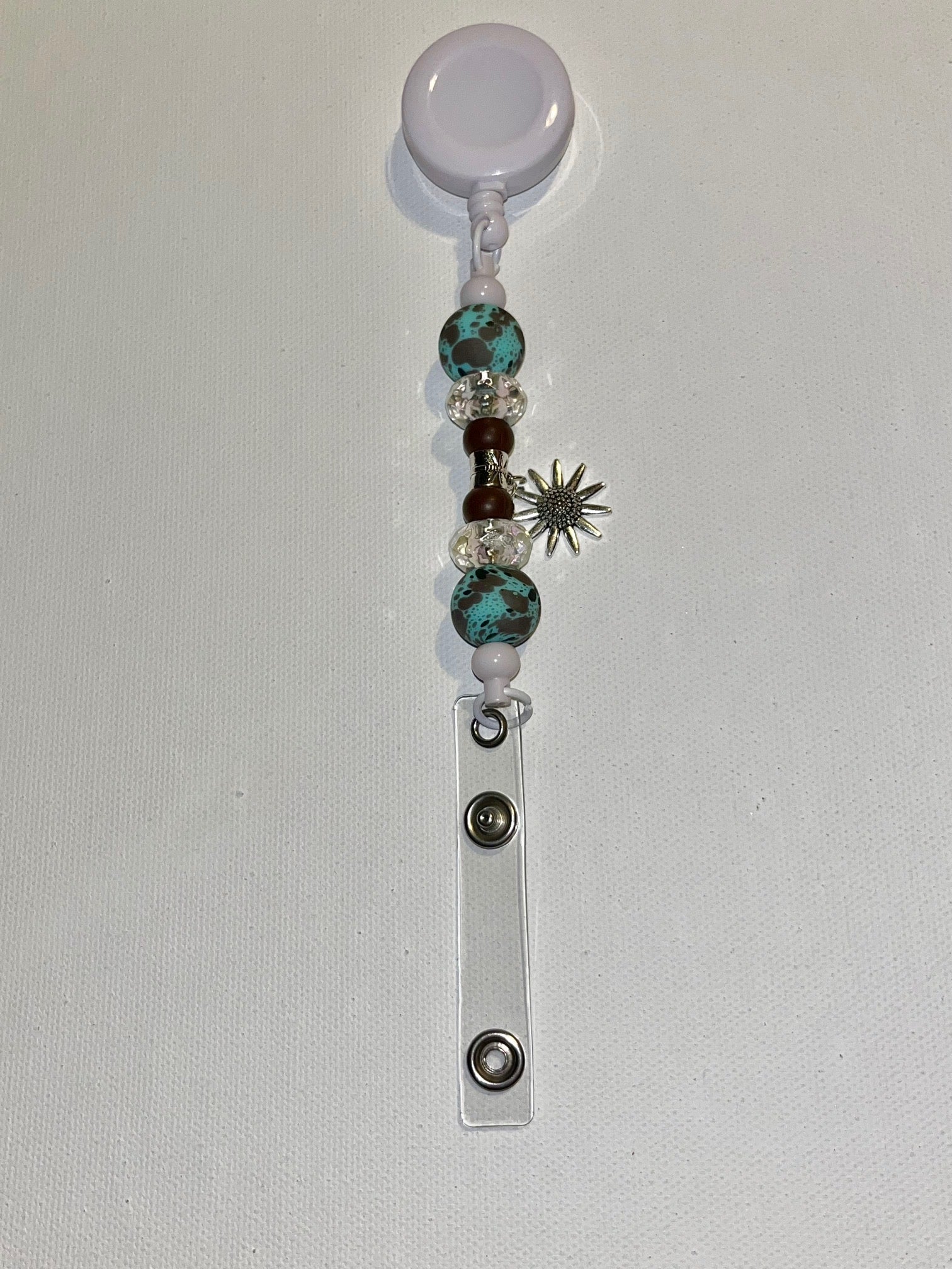 Retractable Badge Reel w/Crystal Glass &amp; Teal &amp; Brown Speckled Beads &amp; Flower