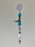 Turquoise & Silver Beaded Badge Reel with Angel Wings Charm & Rhinestone Accents