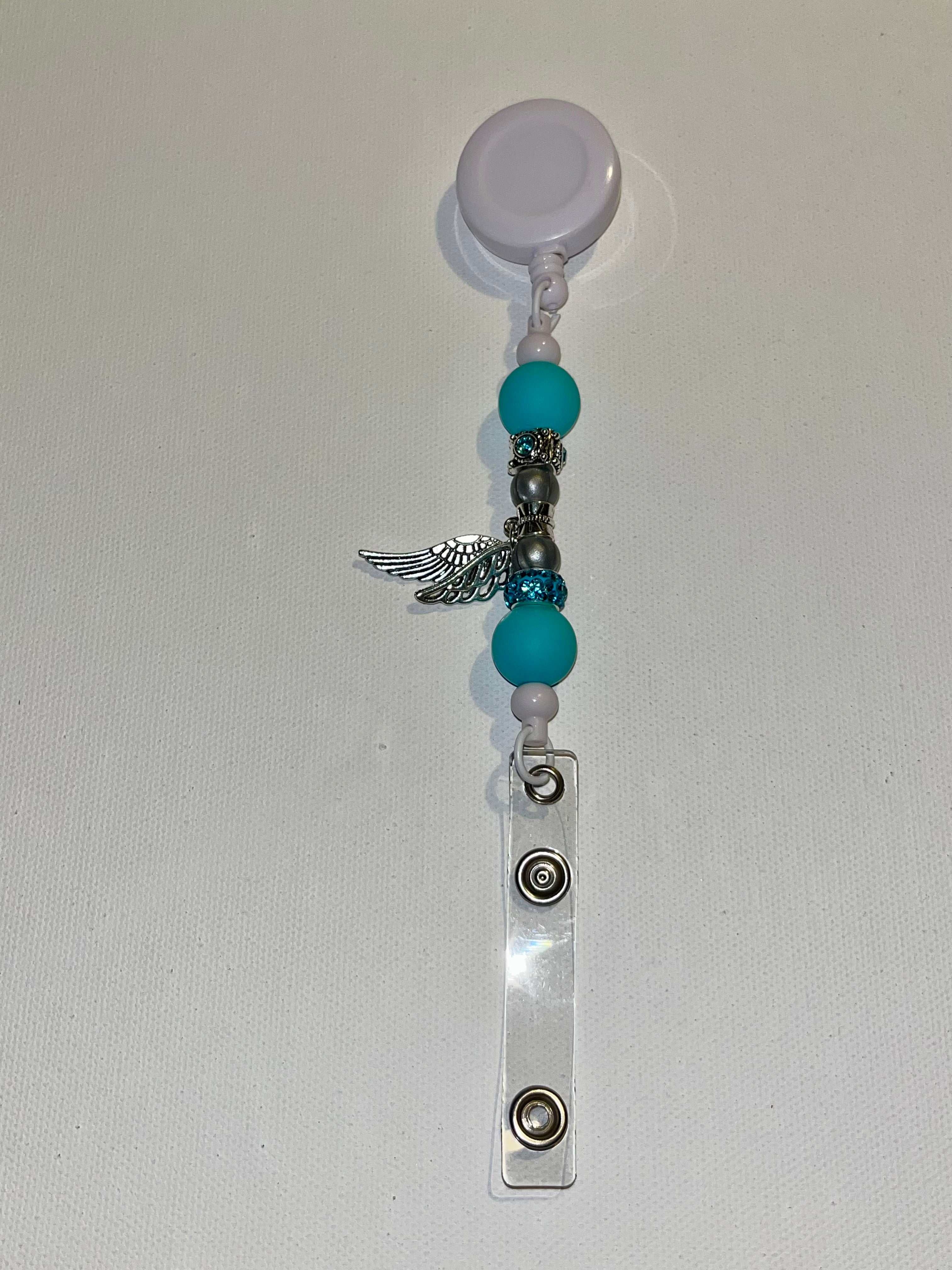 Turquoise & Silver Beaded Badge Reel with Angel Wings Charm & Rhinestone Accents