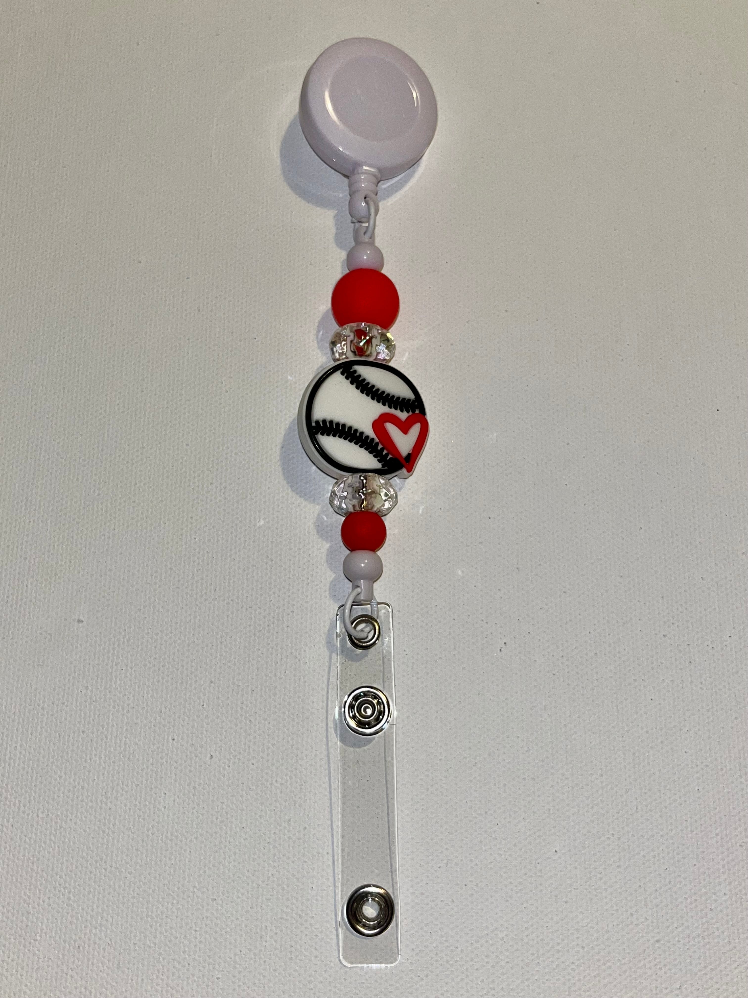 Retractable Badge Reel Featuring White Baseball w/Red Heart, Red & Crystal Beads
