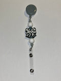 Soccer-themed Bow Charm Beaded Badge Reel Key w/White & Dark Gray Bead Accents