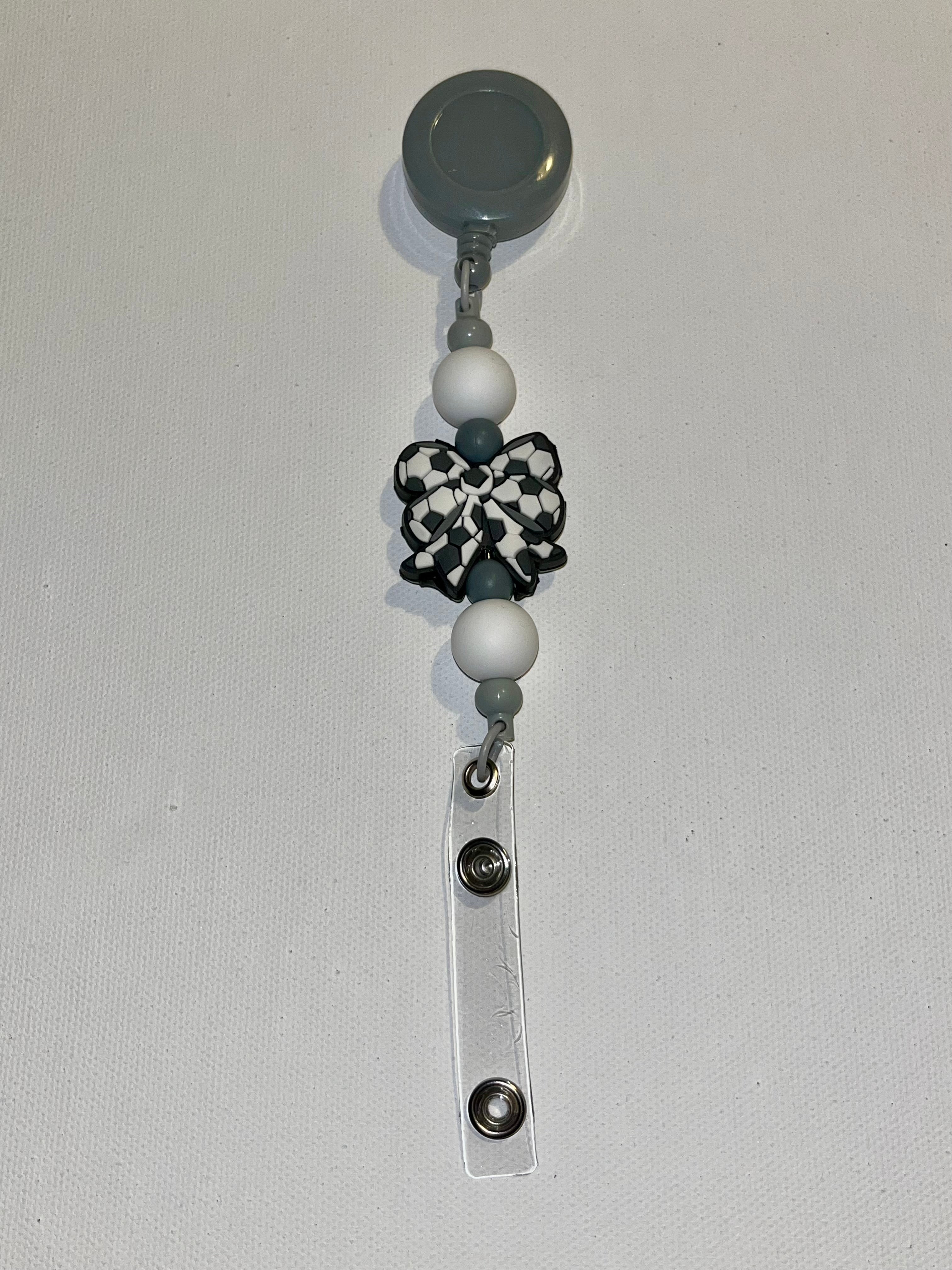 Soccer-themed Bow Charm Beaded Badge Reel Key w/White & Dark Gray Bead Accents