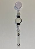 White & Black Volleyball Beaded Badge Reel w/Marbled Gray & Faceted Black Beads