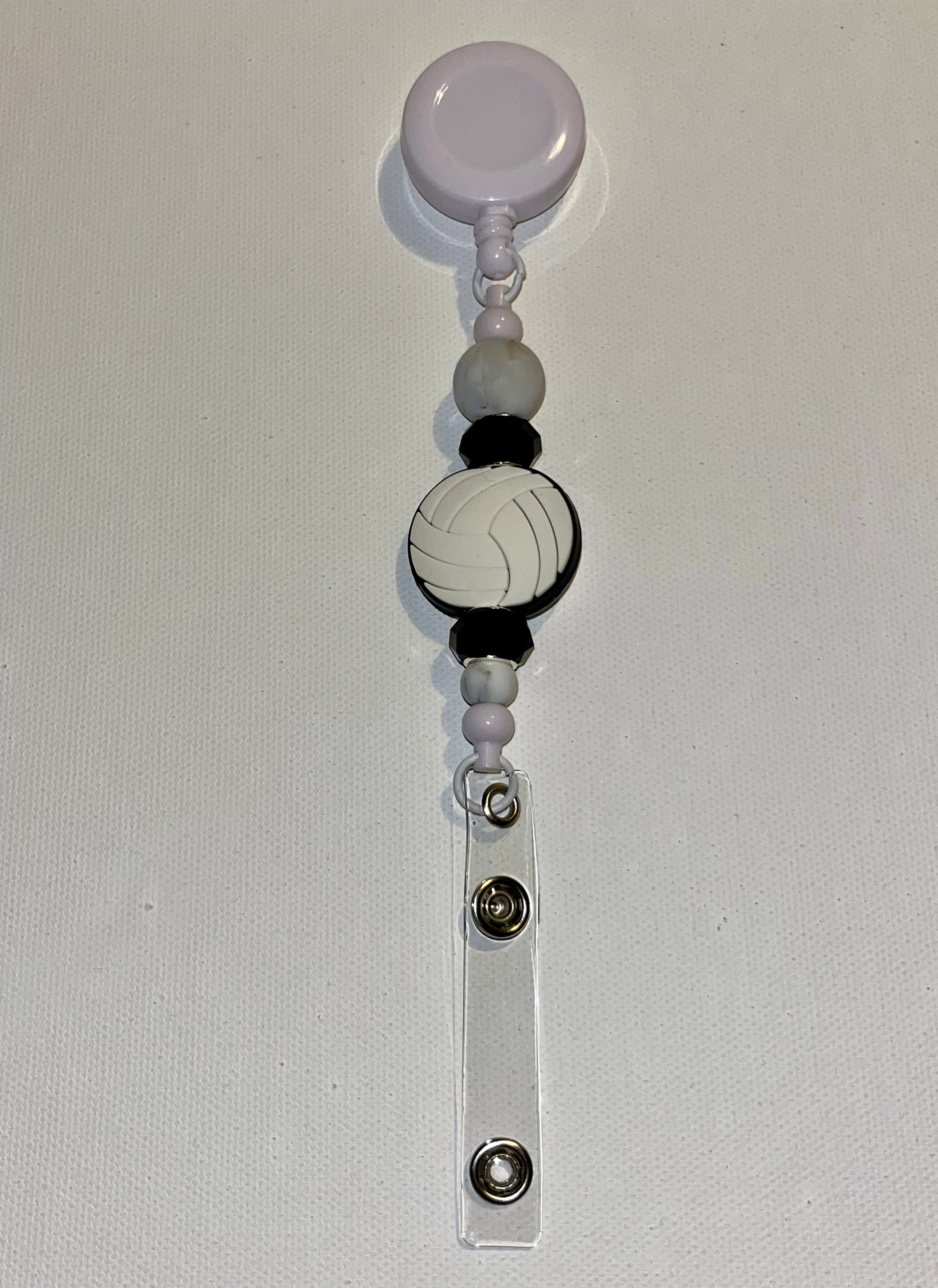 White & Black Volleyball Beaded Badge Reel w/Marbled Gray & Faceted Black Beads