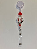 White Baseball w/Red Stitching Badge Reel Featuring Crystal & Red Bead Accents