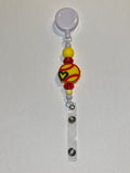 Yellow Softball w/Black Heart Badge Reel w/Yellow Beads & Red Crystal Accents