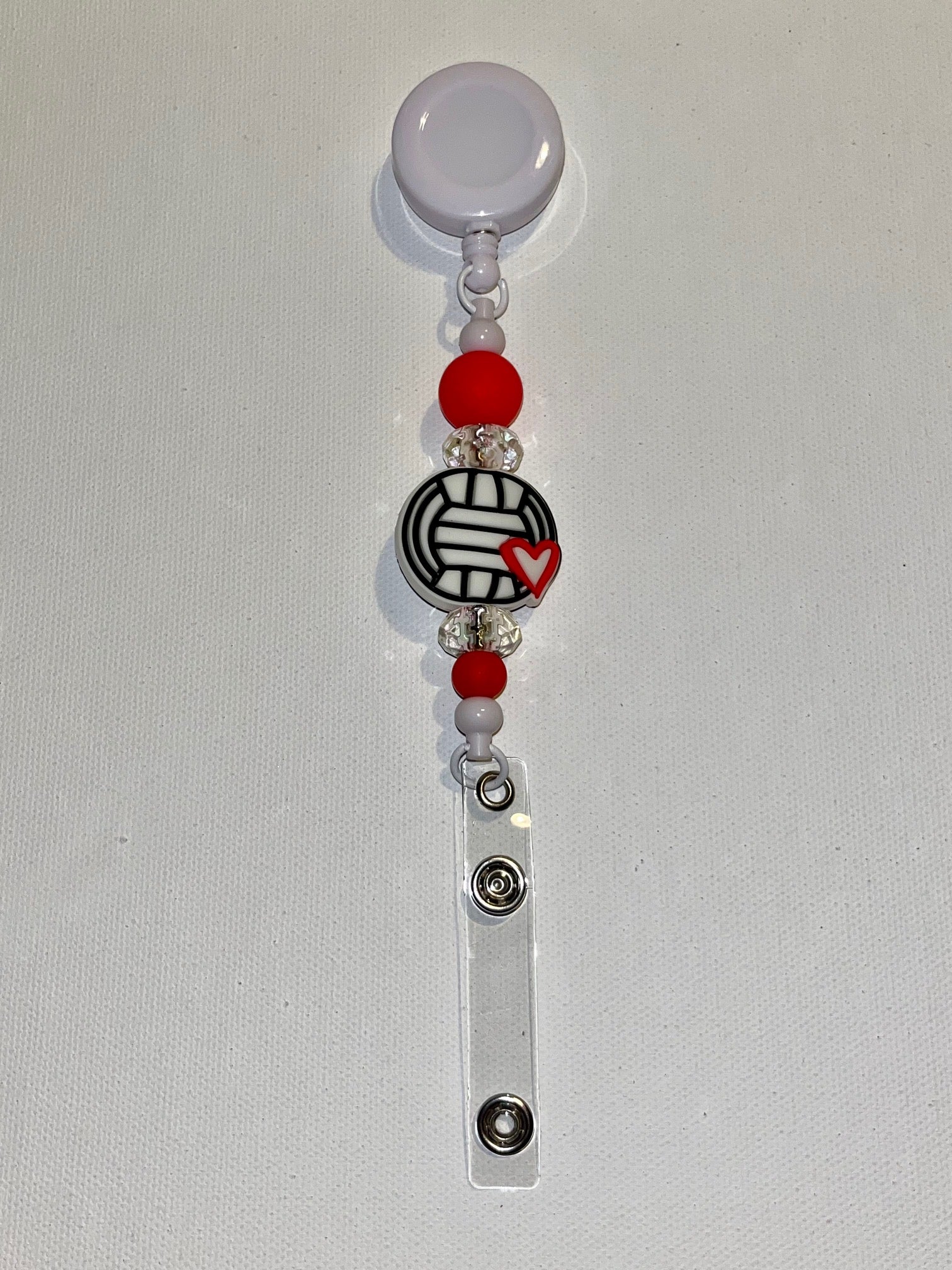 Red and White Volleyball Heart Charm Badge Reel w/Red & Crystal Accent Beads