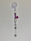 Purple Flower Charm White Beaded Badge Reel w/Pearl & Ornate Silver Accents