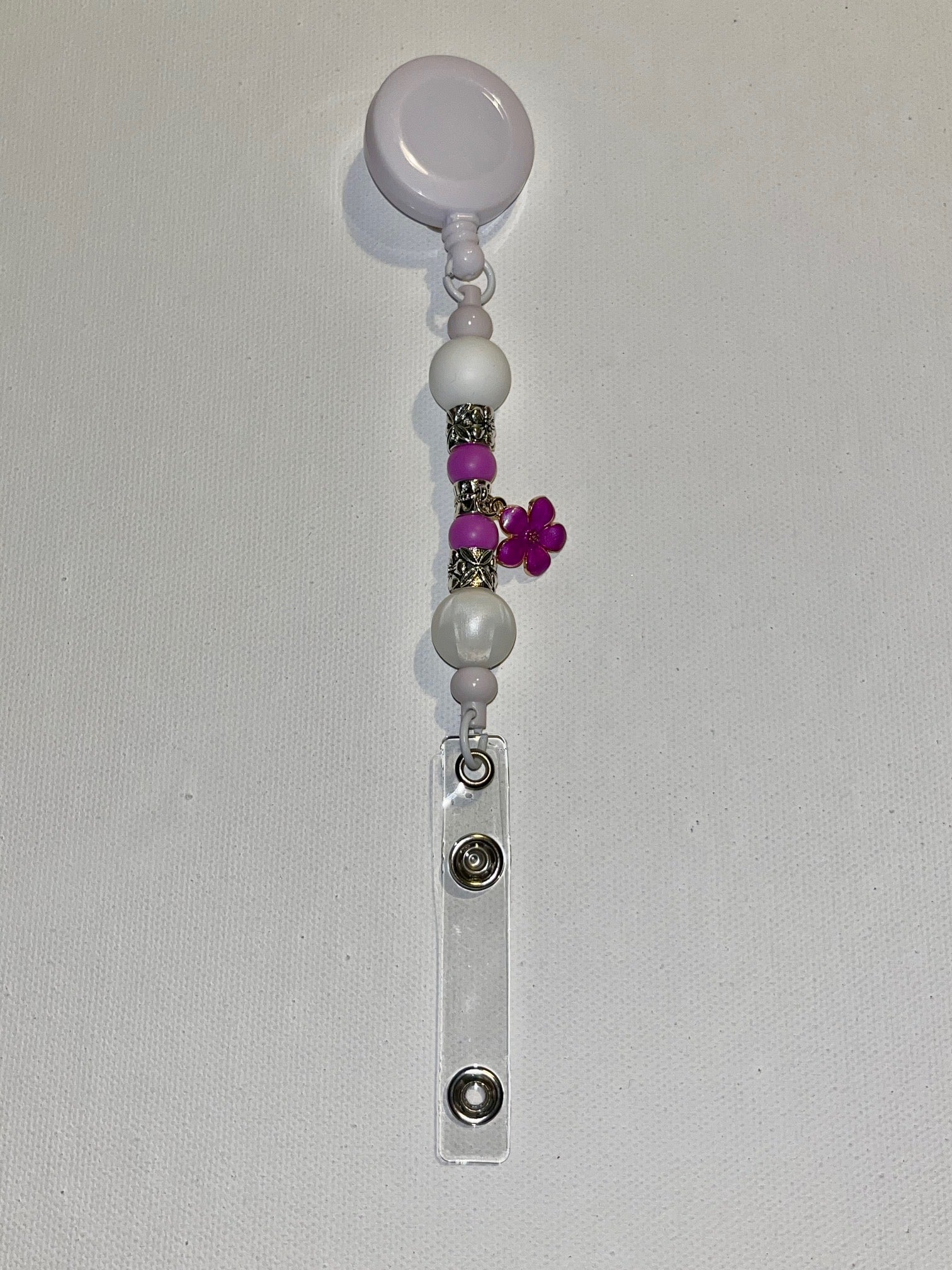 Purple Flower Charm White Beaded Badge Reel w/Pearl & Ornate Silver Accents