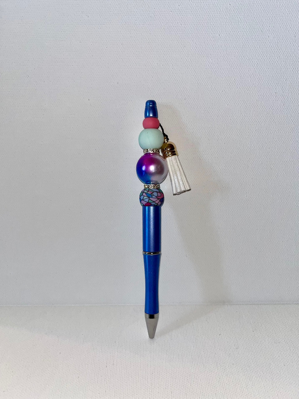 Galaxy Blue/Purple/Pink & Mint Green Beaded Ballpoint Pen w/Tassel & Rhinestone Accents