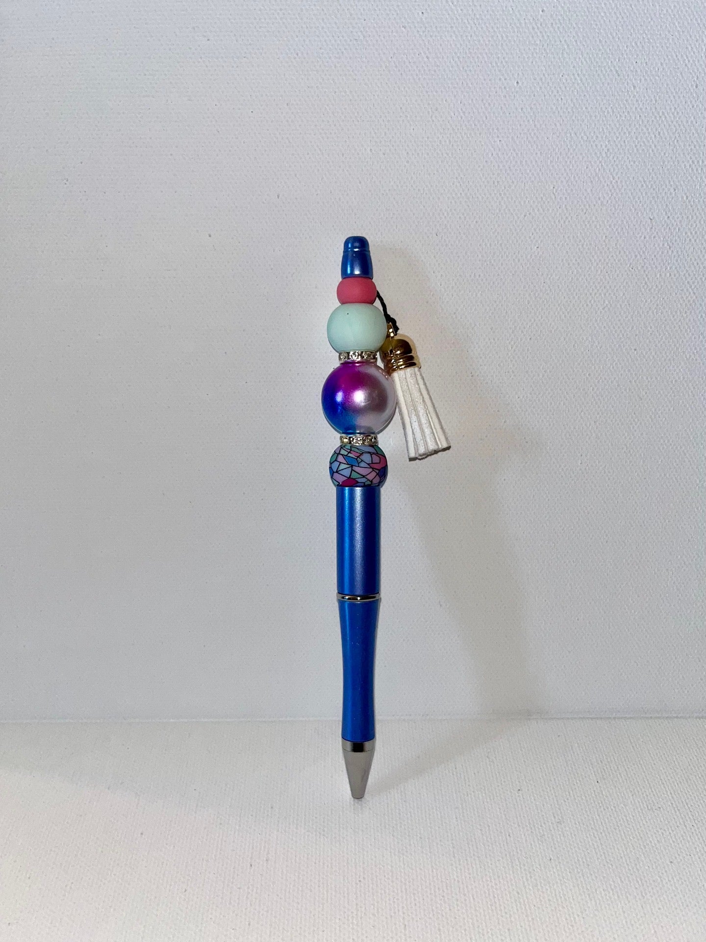 Galaxy Blue/Purple/Pink & Mint Green Beaded Ballpoint Pen w/Tassel & Rhinestone Accents