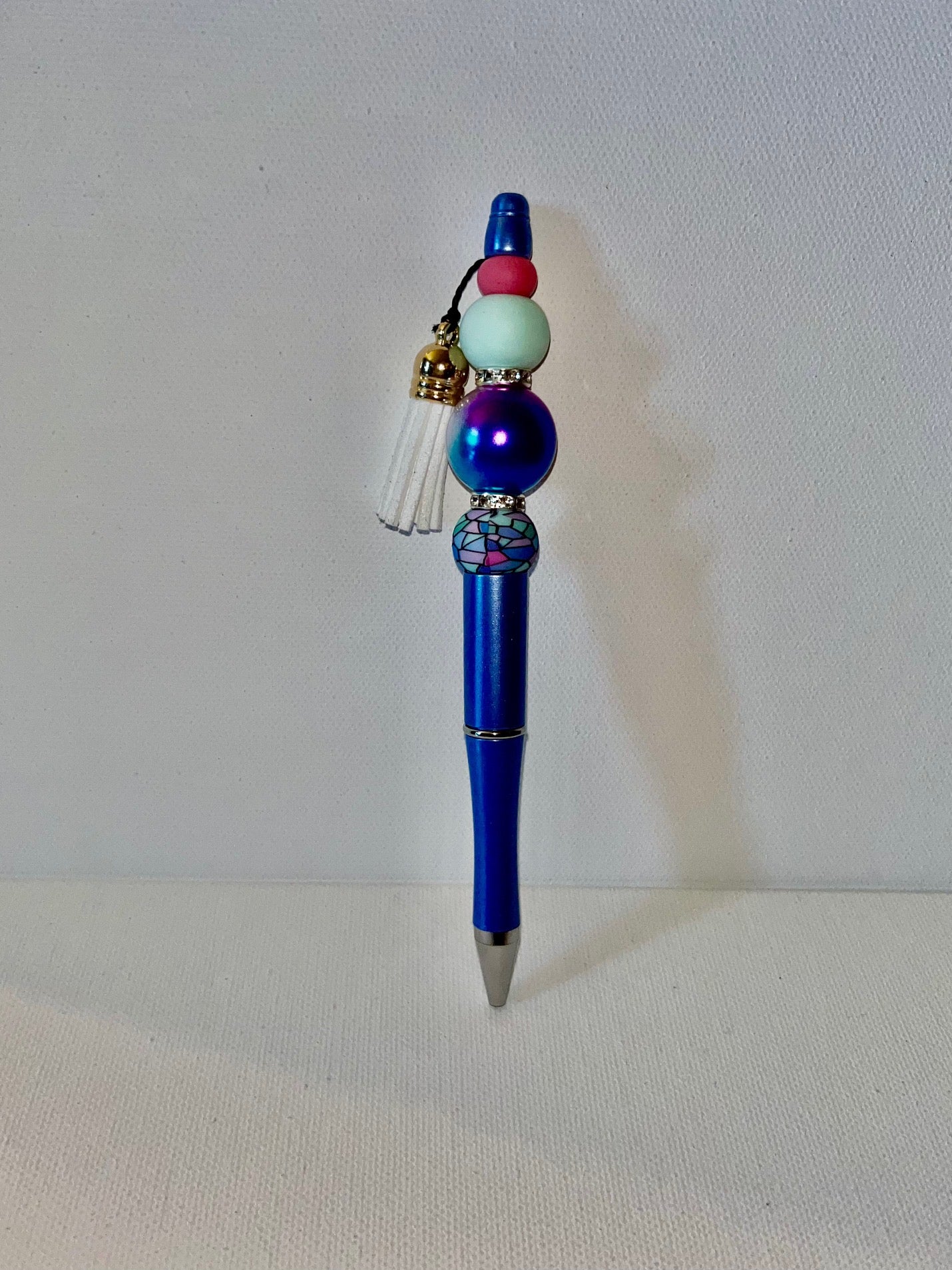 Galaxy Blue/Purple/Pink & Mint Green Beaded Ballpoint Pen w/Tassel & Rhinestone Accents