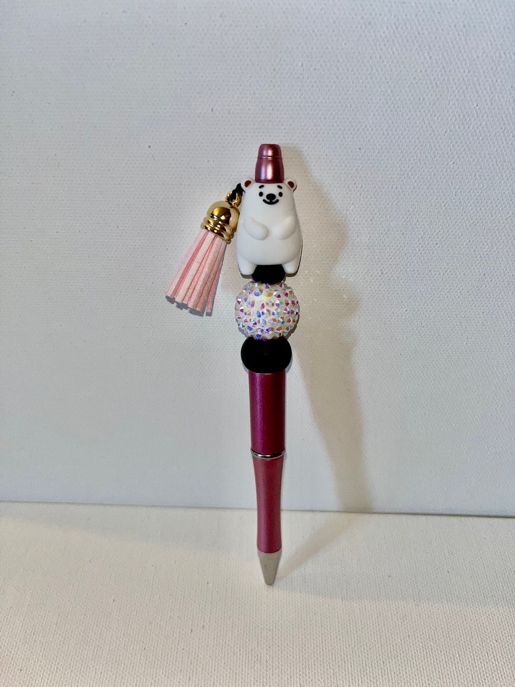 Decorative Pink Polar Bear Tassel Ballpoint Pen w/Lg Round Rhinestone Focal Bead