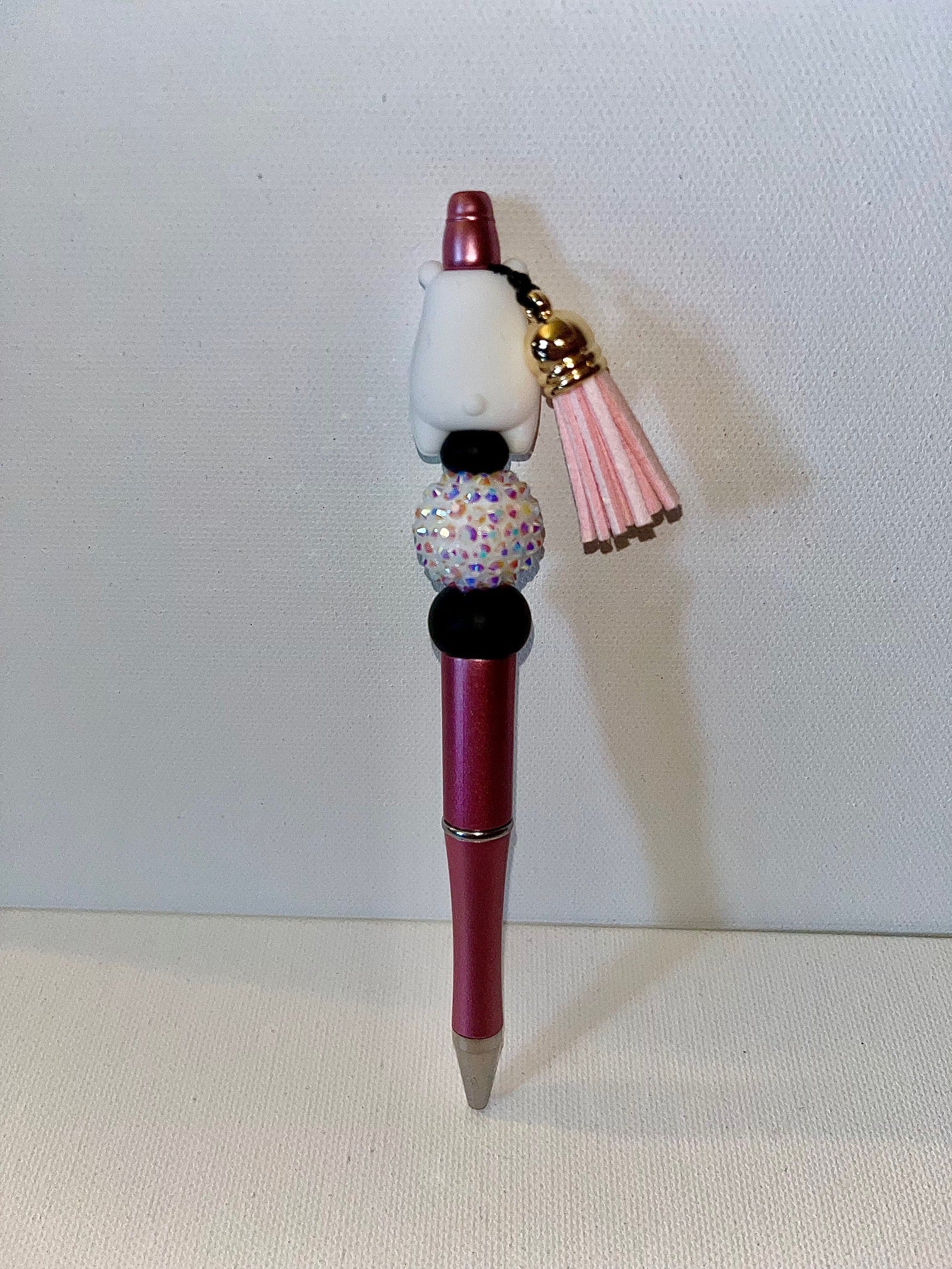 Decorative Pink Polar Bear Tassel Ballpoint Pen w/Lg Round Rhinestone Focal Bead