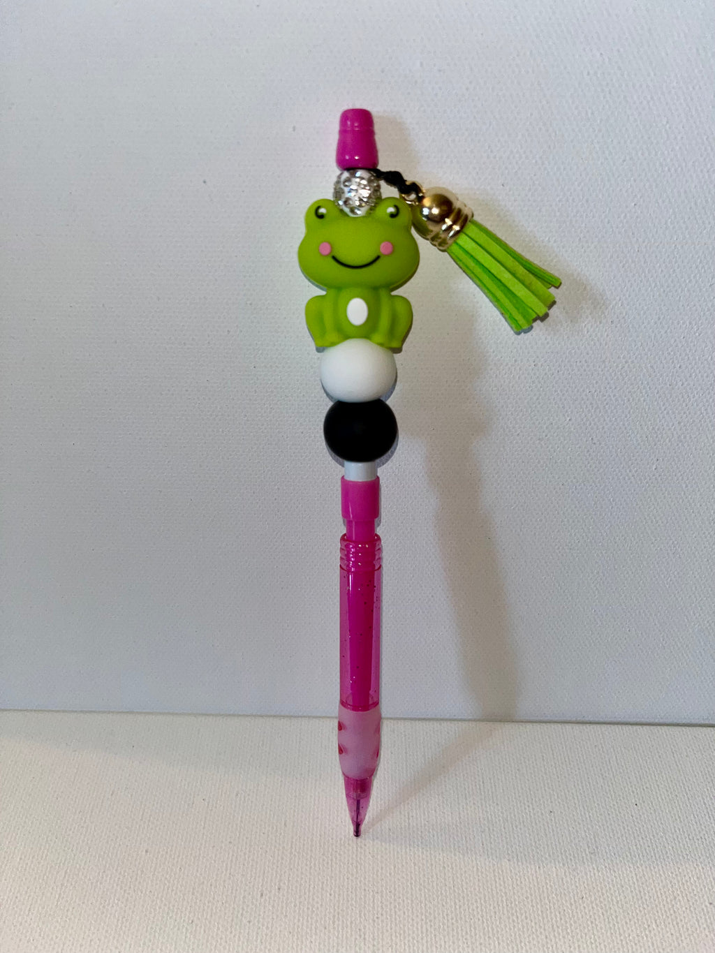 Glittery Pink Mechanical Pencil w/Green Frog Topper, Rhinestone Accents & Tassel