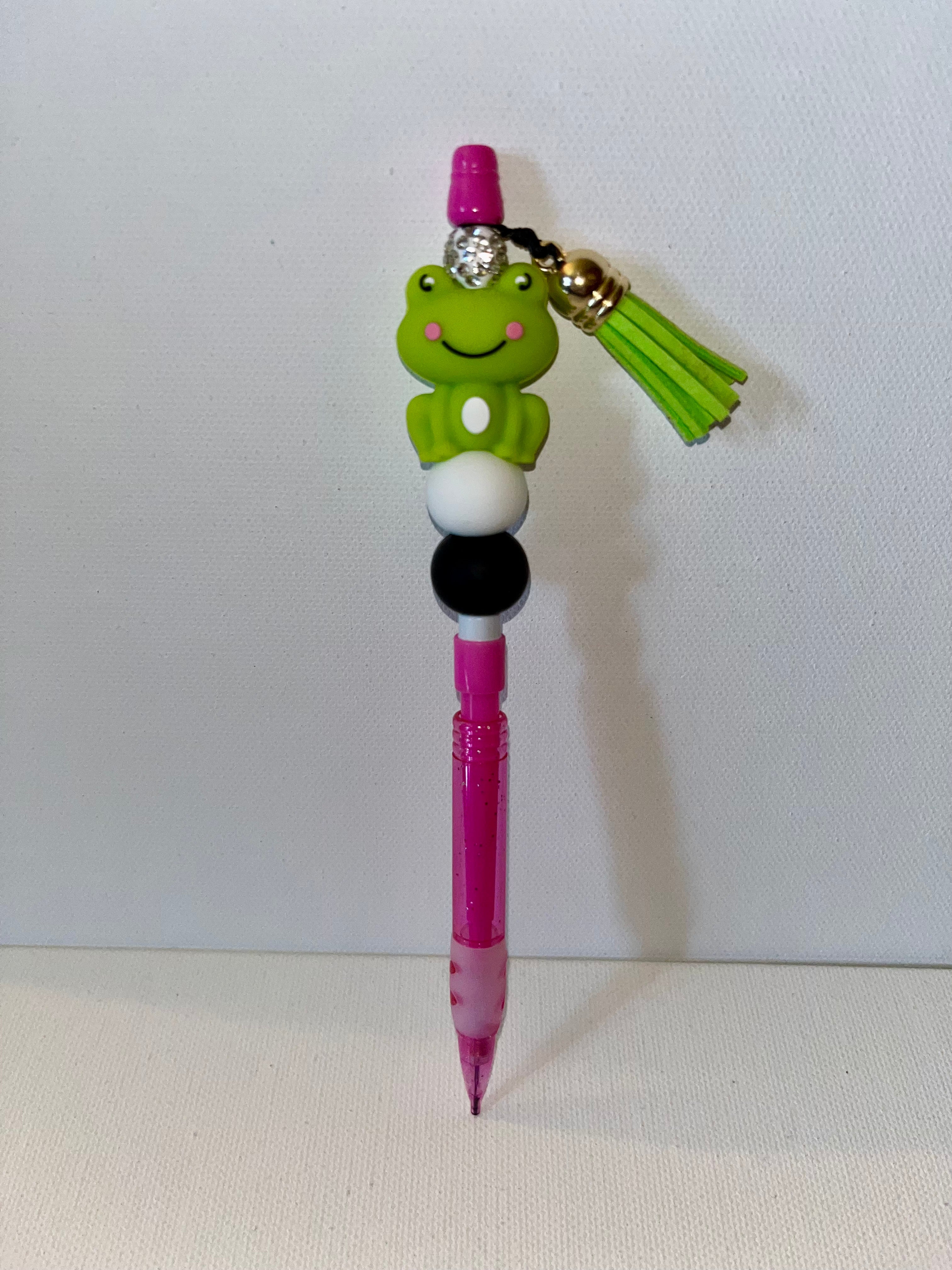 Glittery Pink Mechanical Pencil w/Green Frog Topper, Rhinestone Accents & Tassel