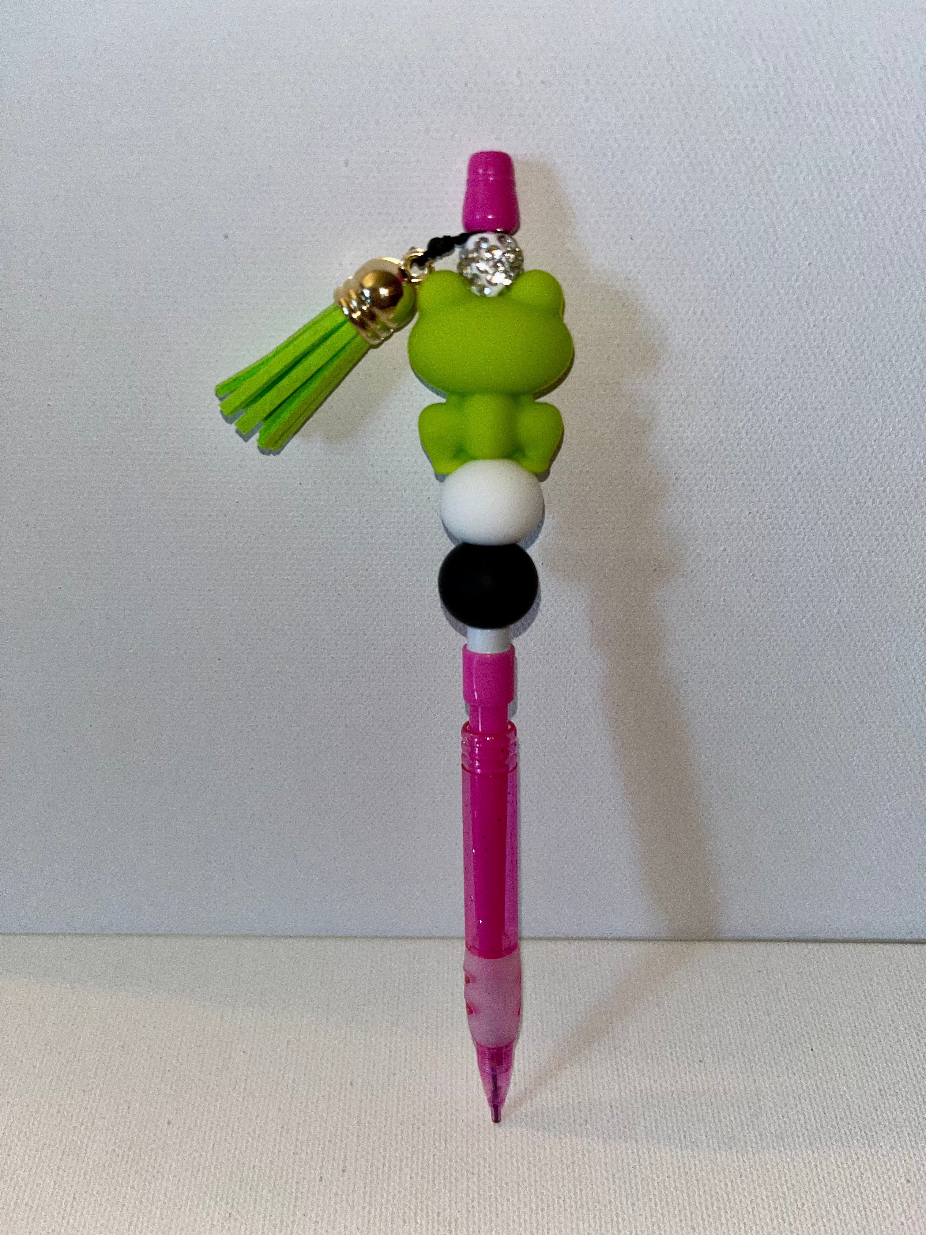 Glittery Pink Mechanical Pencil w/Green Frog Topper, Rhinestone Accents & Tassel