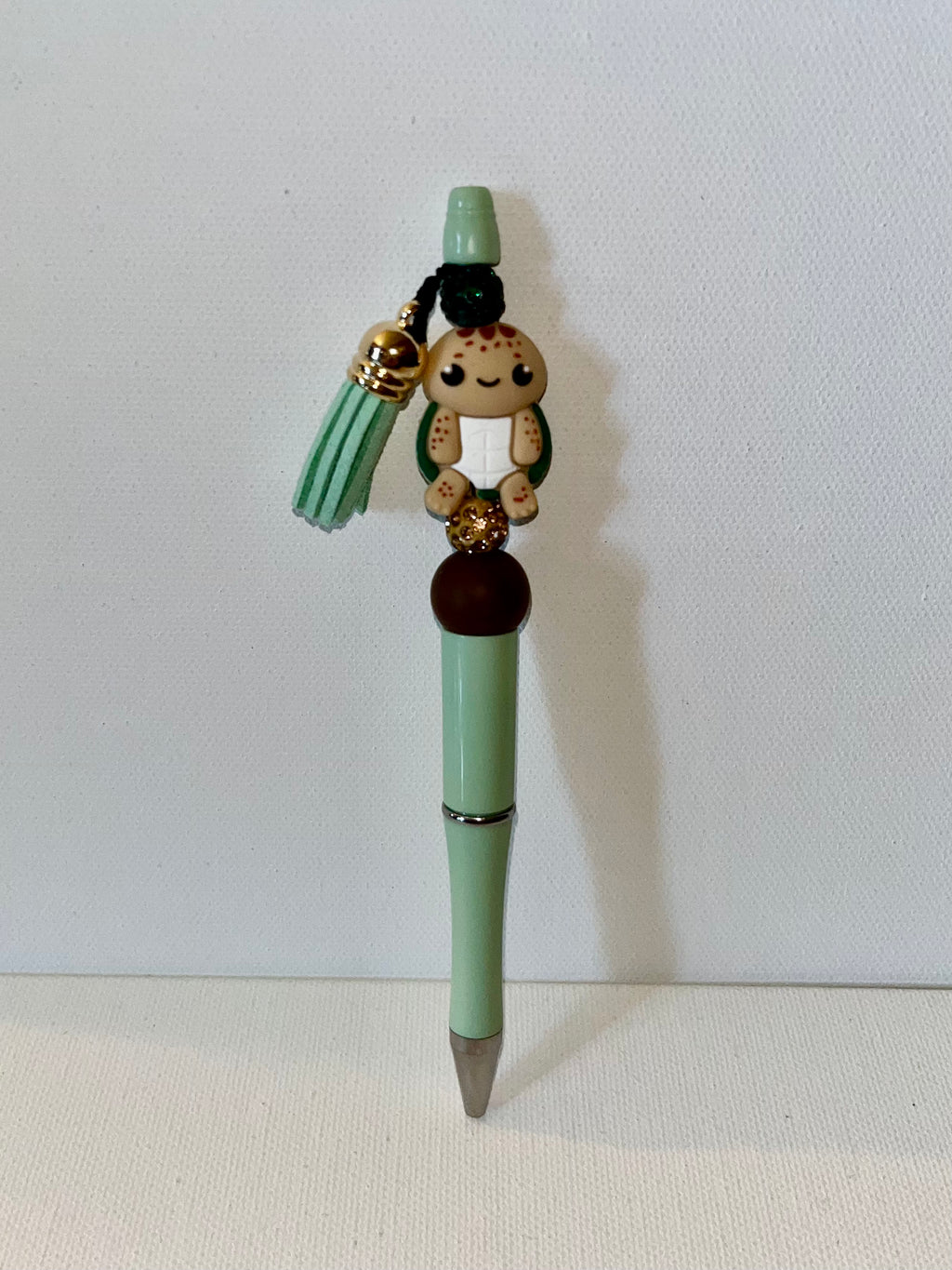 Cute Mint Green Turtle Charm Pen w/Sparkly Brown Rondelle Bead & Tassel Accents