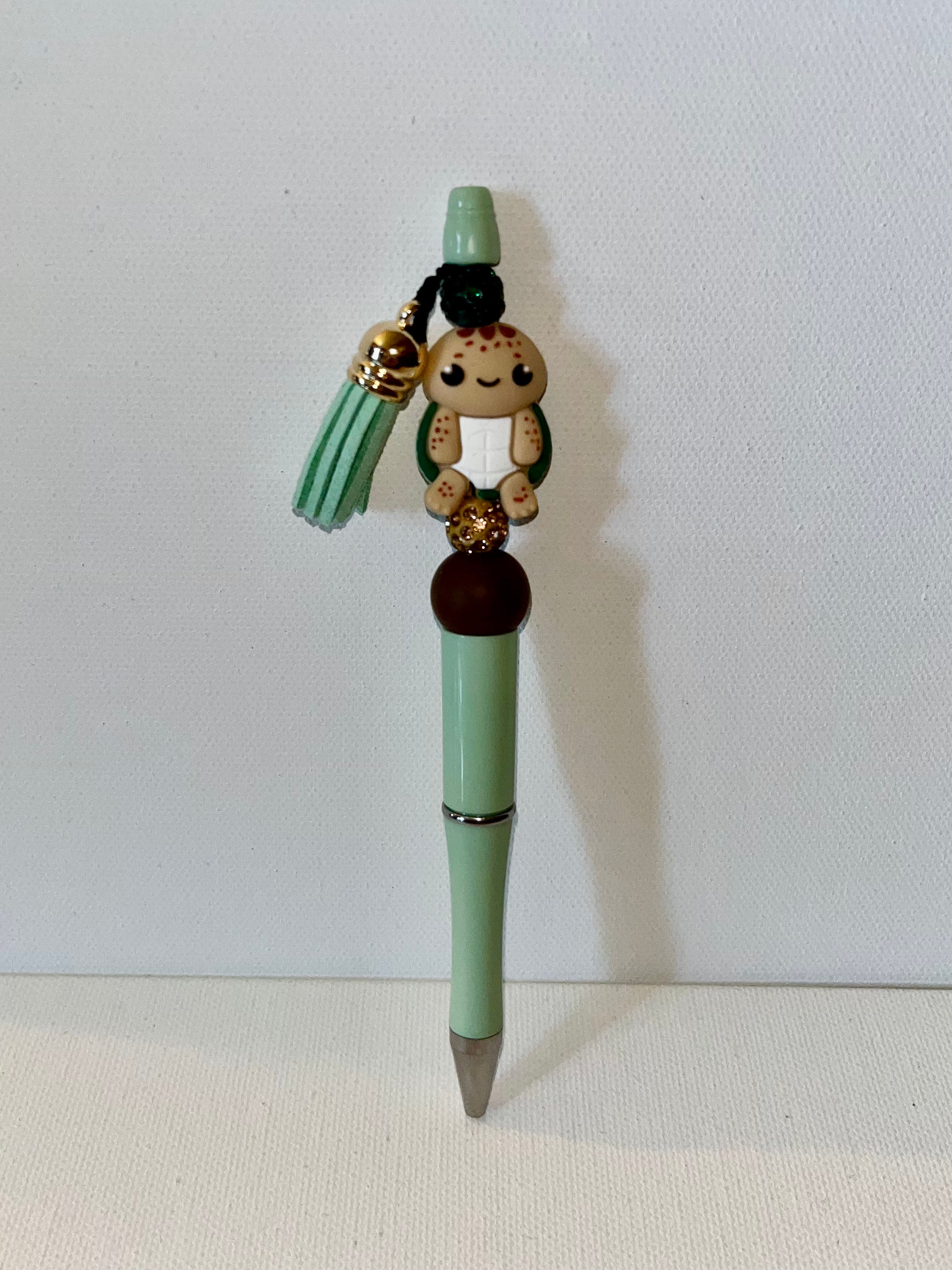 Cute Mint Green Turtle Charm Pen w/Sparkly Brown Rondelle Bead & Tassel Accents