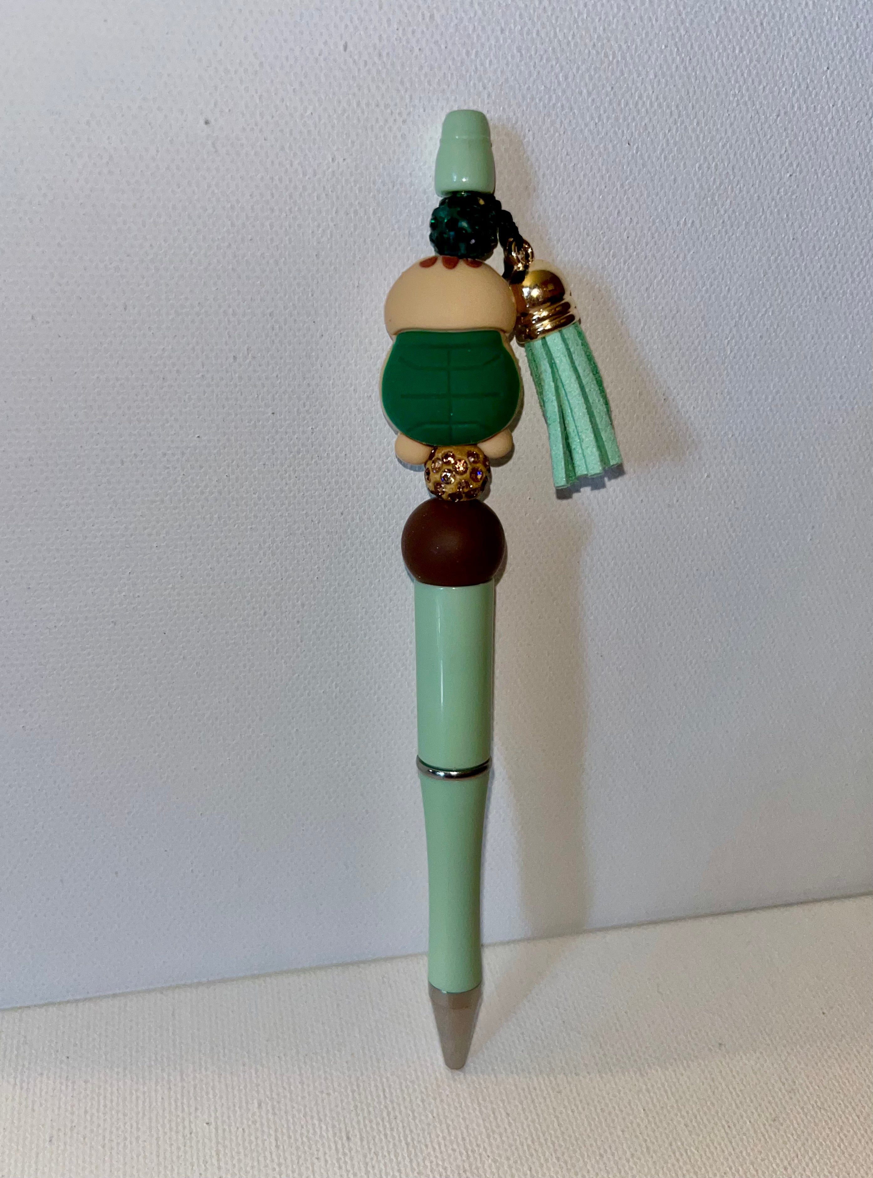 Cute Mint Green Turtle Charm Pen w/Sparkly Brown Rondelle Bead & Tassel Accents