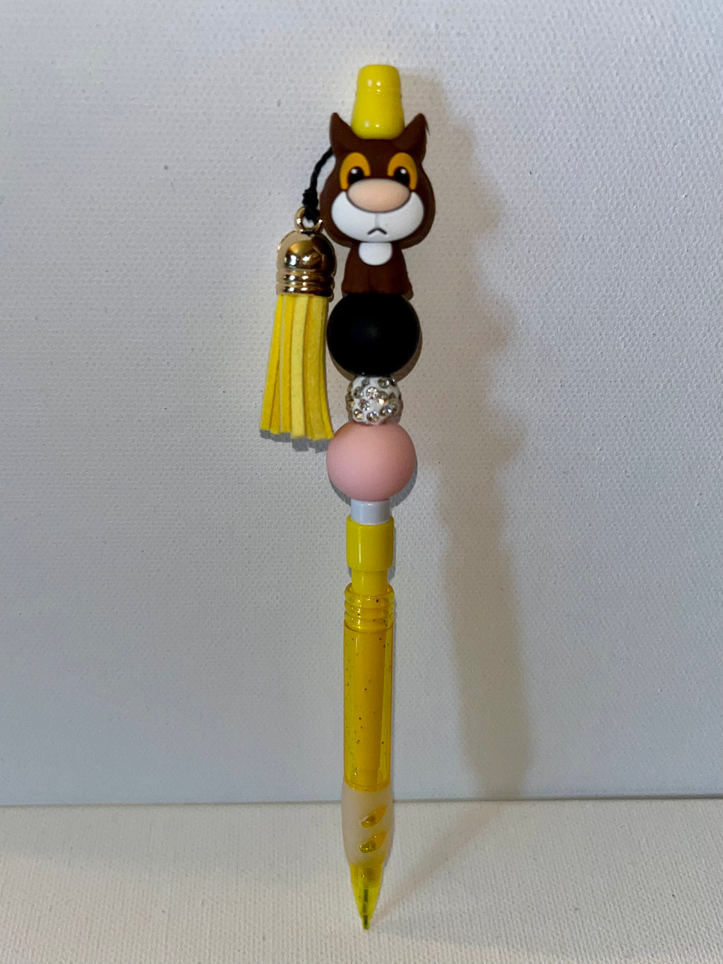 Yellow Mechanical Pencil w/Cute Brown Cat, Tassel, Peach & White Rhinestone Bead