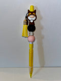 Yellow Mechanical Pencil w/Cute Brown Cat, Tassel, Peach & White Rhinestone Bead