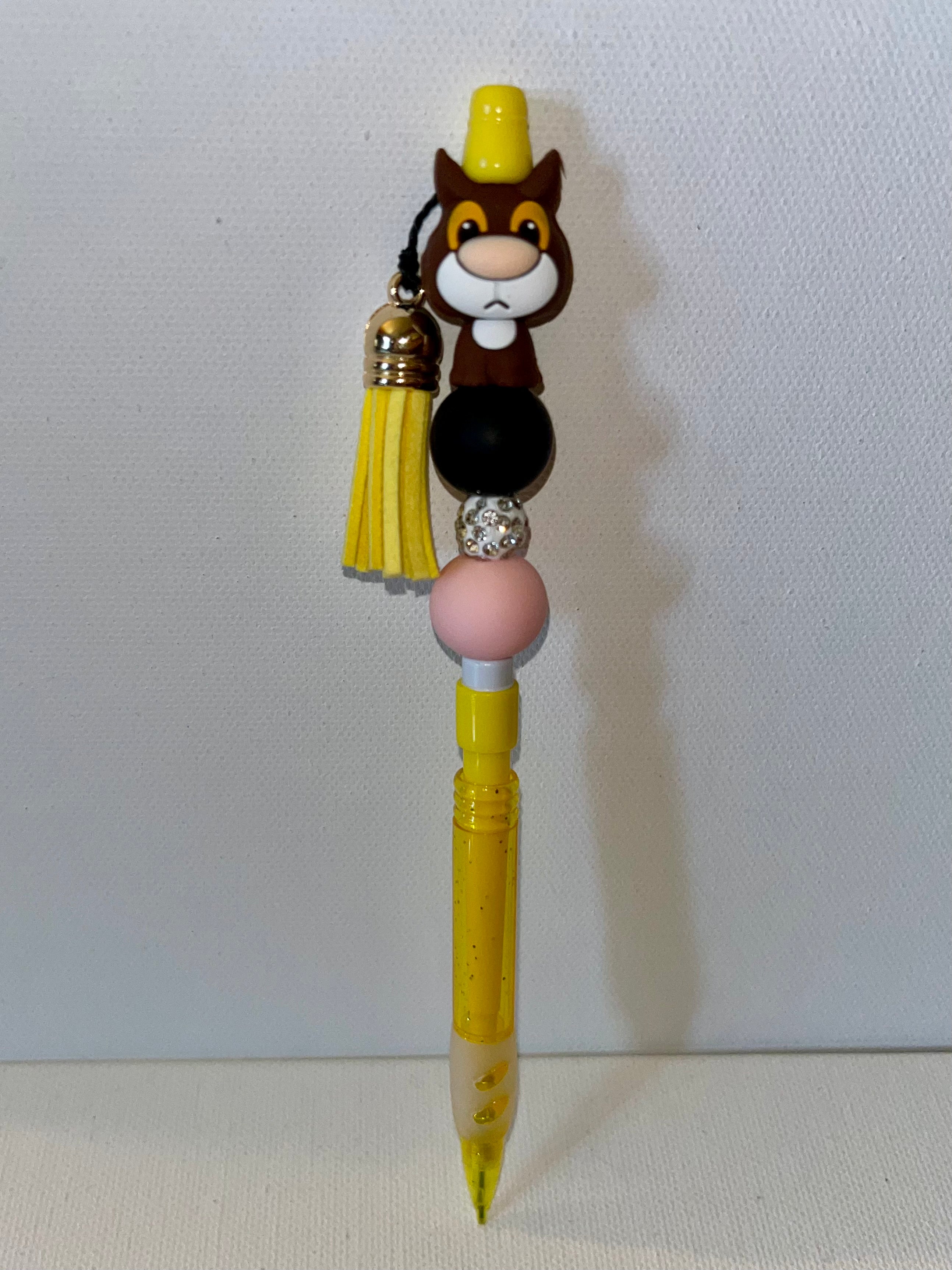 Yellow Mechanical Pencil w/Cute Brown Cat, Tassel, Peach & White Rhinestone Bead