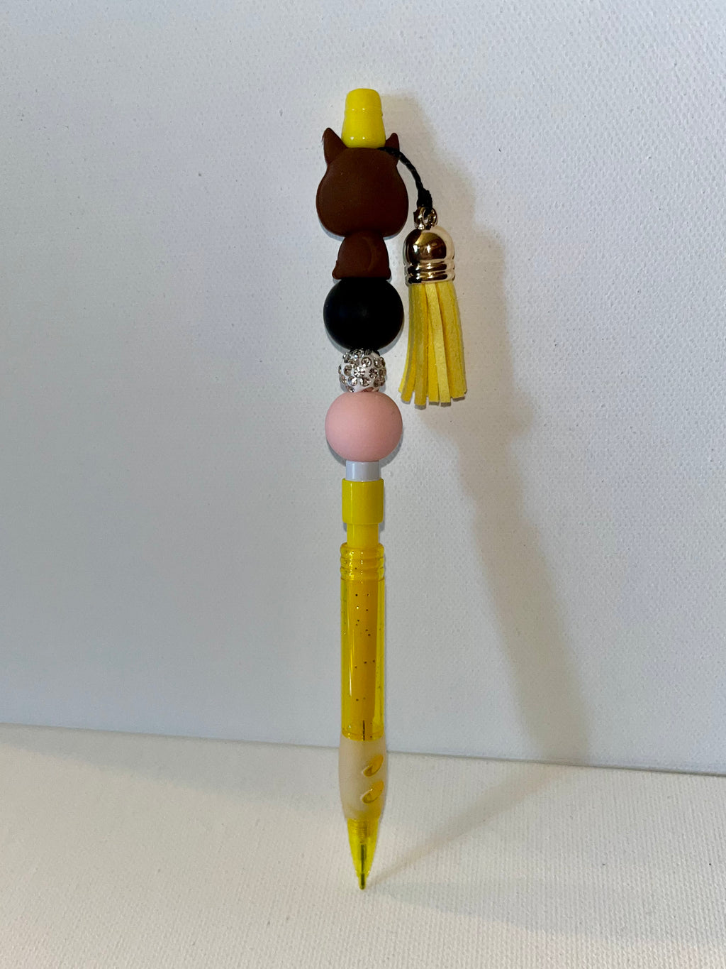 Yellow Mechanical Pencil w/Cute Brown Cat, Tassel, Peach & White Rhinestone Bead