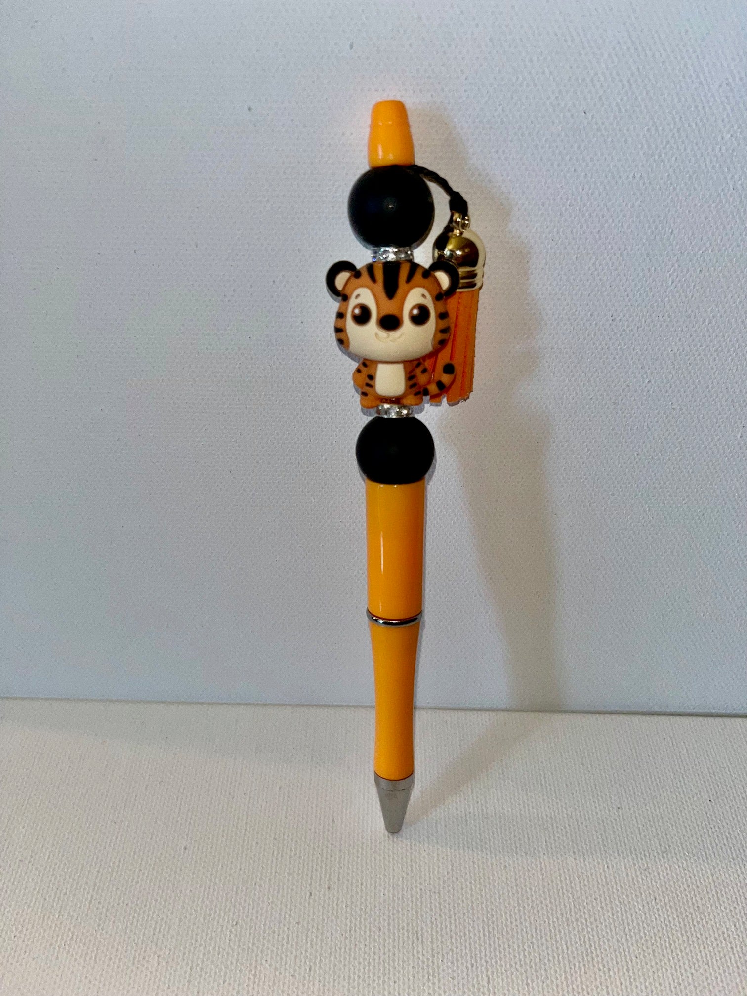 Cute Tiger Character Ballpoint Pen w/Black, Rhinestone & Tassel Accents