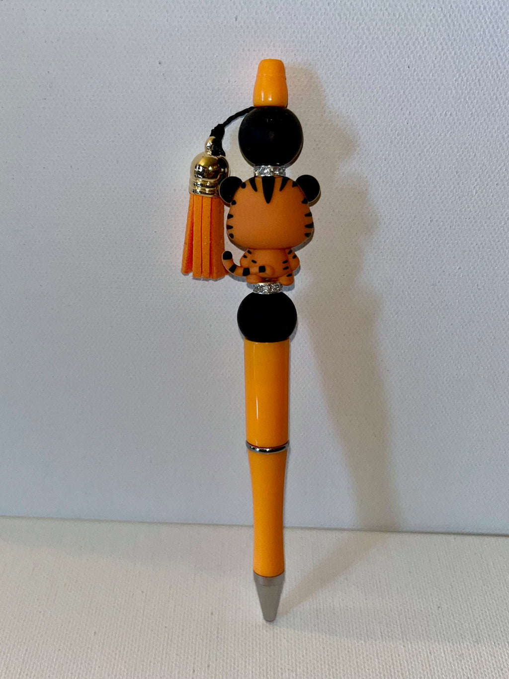 Cute Tiger Character Ballpoint Pen w/Black, Rhinestone & Tassel Accents