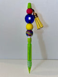 Colorful Beaded Mechanical Pencil w/Neon Green/Blue/Yellow/Red Accents & Tassel