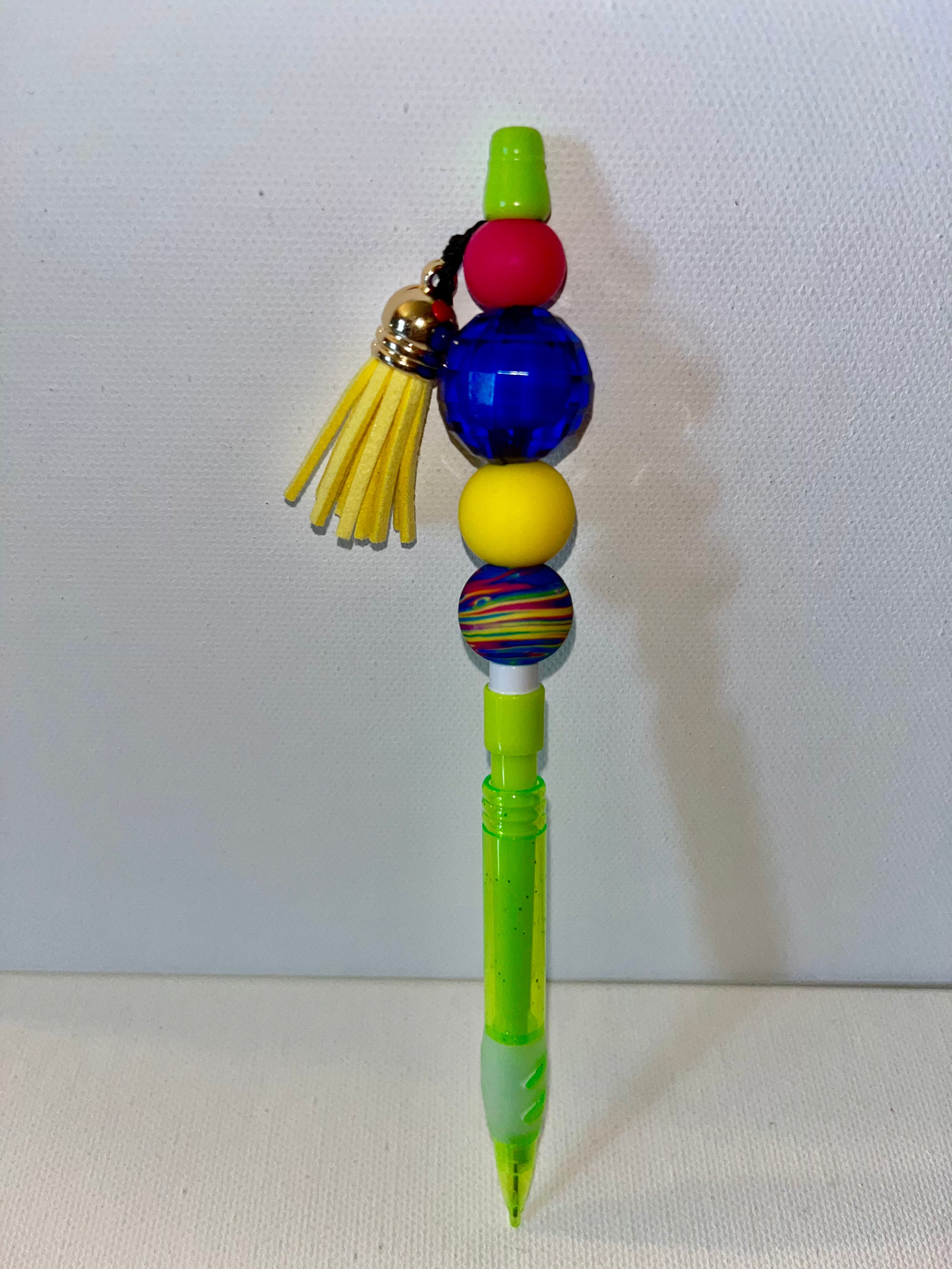 Colorful Beaded Mechanical Pencil w/Neon Green/Blue/Yellow/Red Accents & Tassel