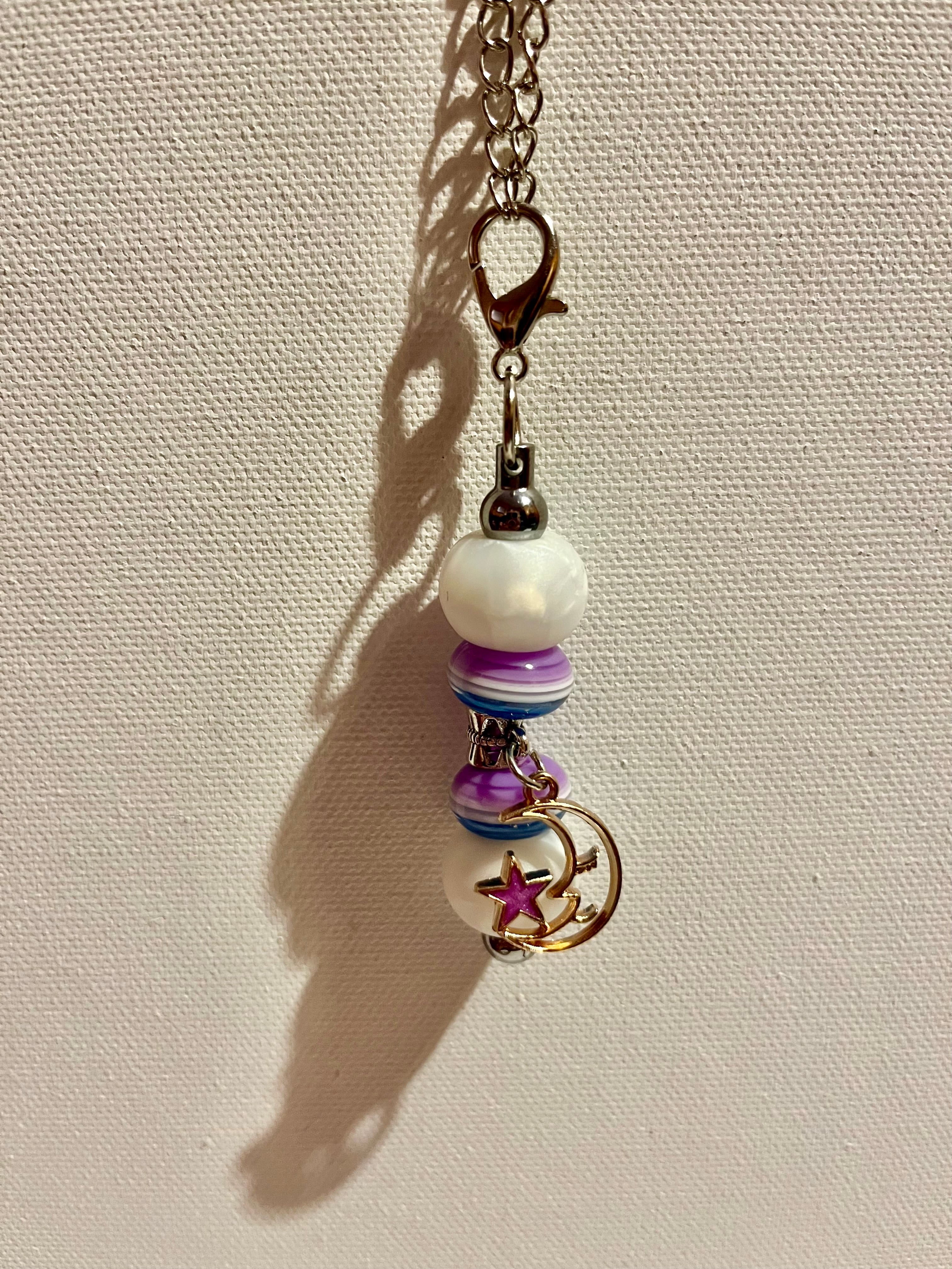 Striped Pearly White/Blue/Purple Beaded Cup Charm w/a Moon & Star Charm Accent