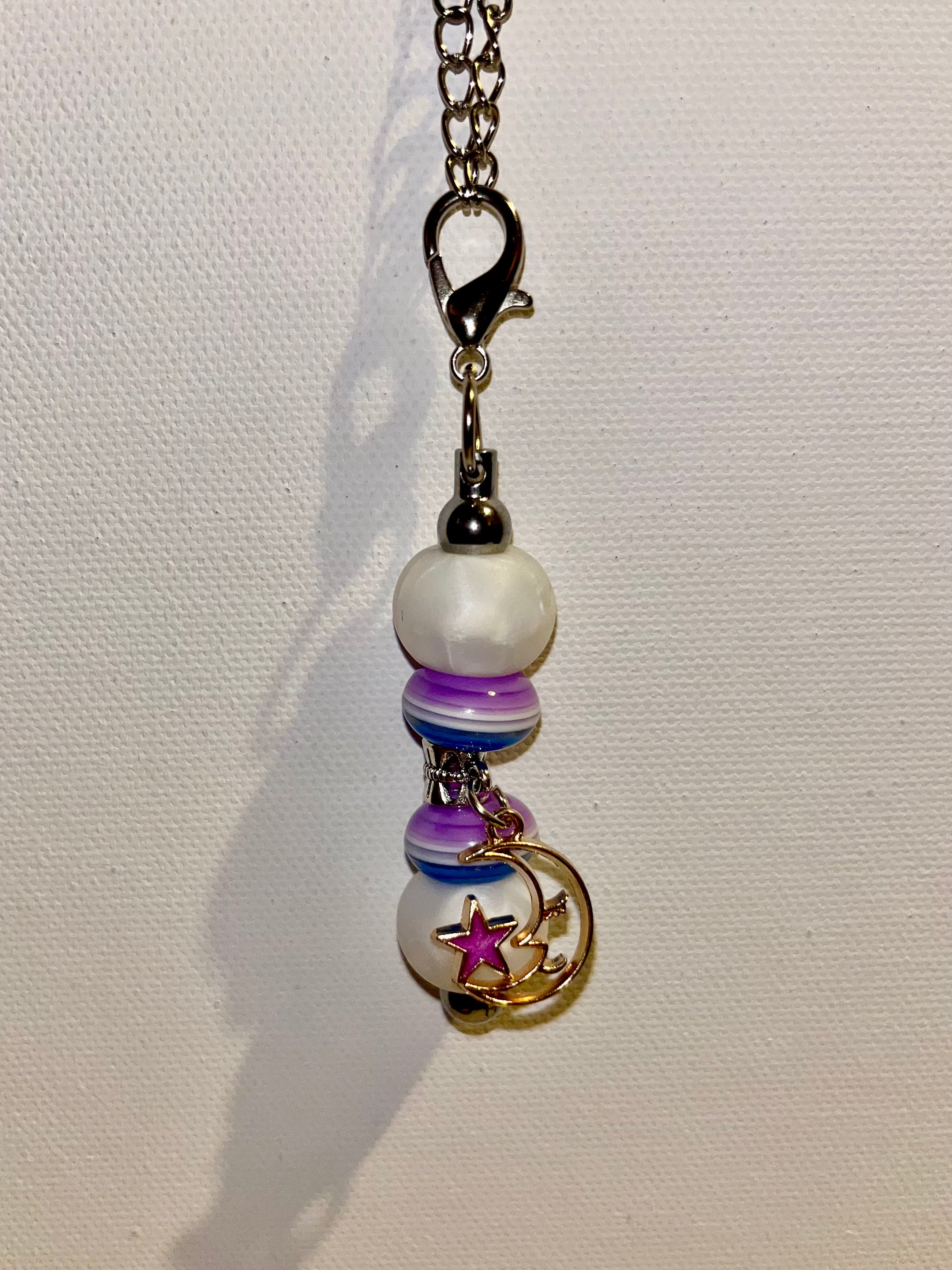 Striped Pearly White/Blue/Purple Beaded Cup Charm w/a Moon & Star Charm Accent