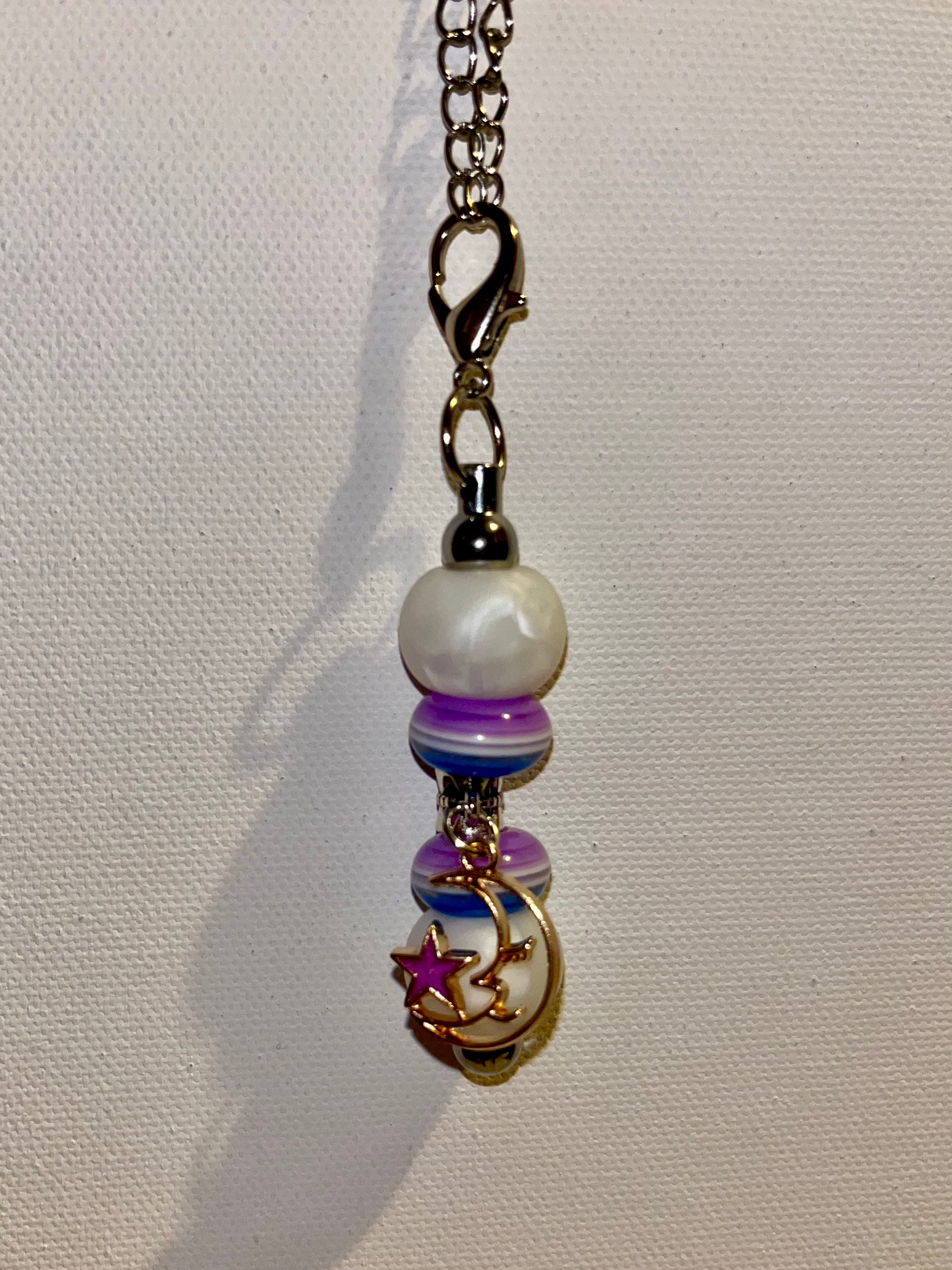 Striped Pearly White/Blue/Purple Beaded Cup Charm w/a Moon & Star Charm Accent