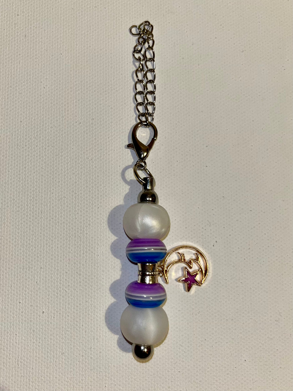 Striped Pearly White/Blue/Purple Beaded Cup Charm w/a Moon & Star Charm Accent