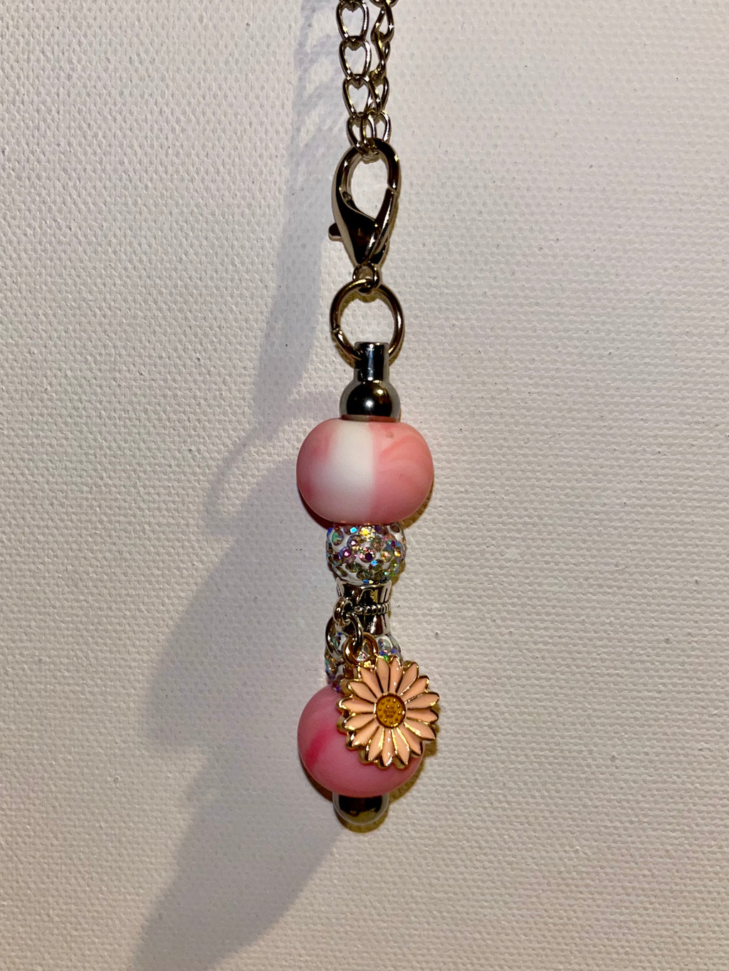 Orange Flower Beaded Cup Charm w/Iridescent Rhinestone & Marbled Pink Accents