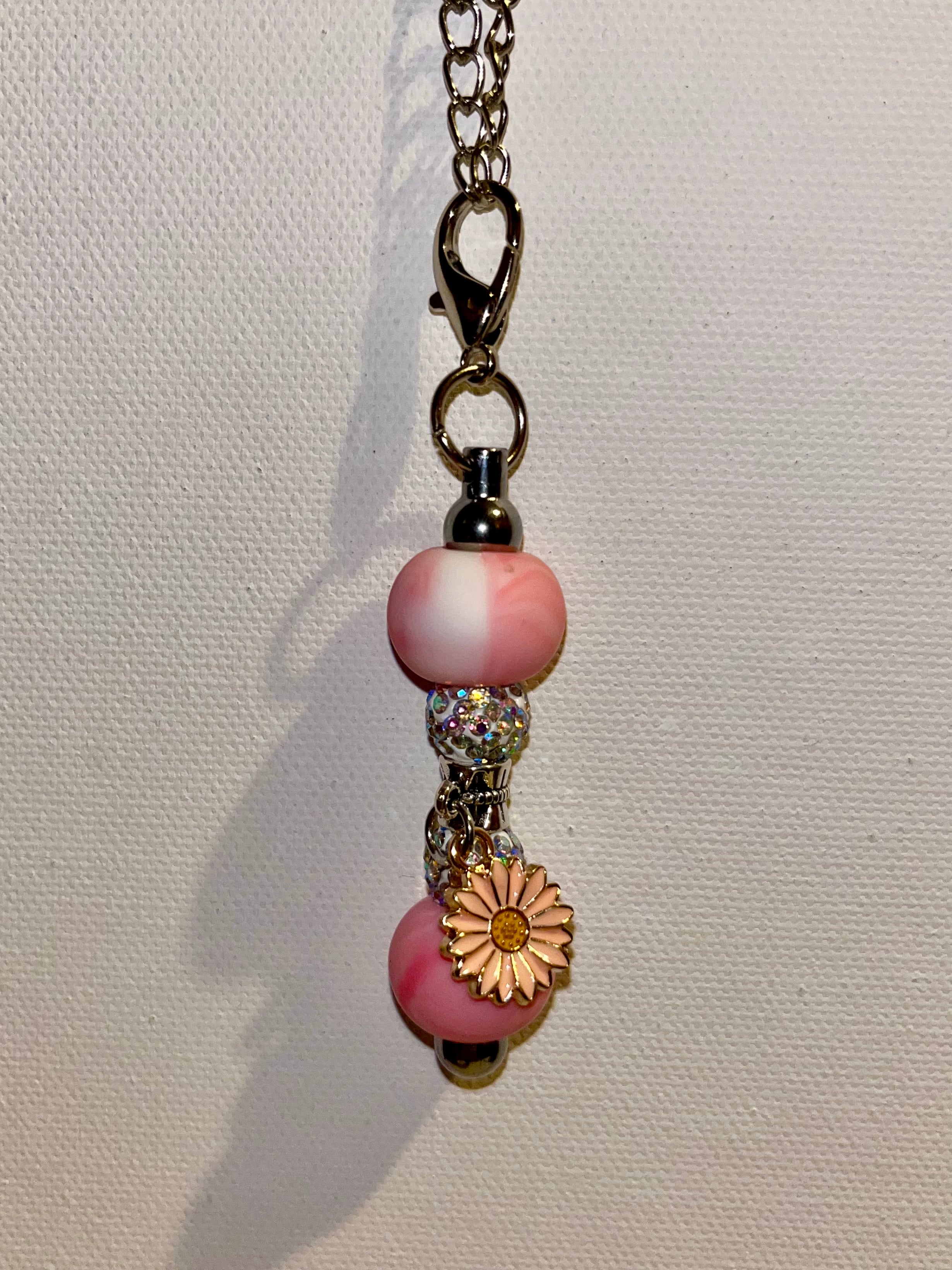 Orange Flower Beaded Cup Charm w/Iridescent Rhinestone & Marbled Pink Accents