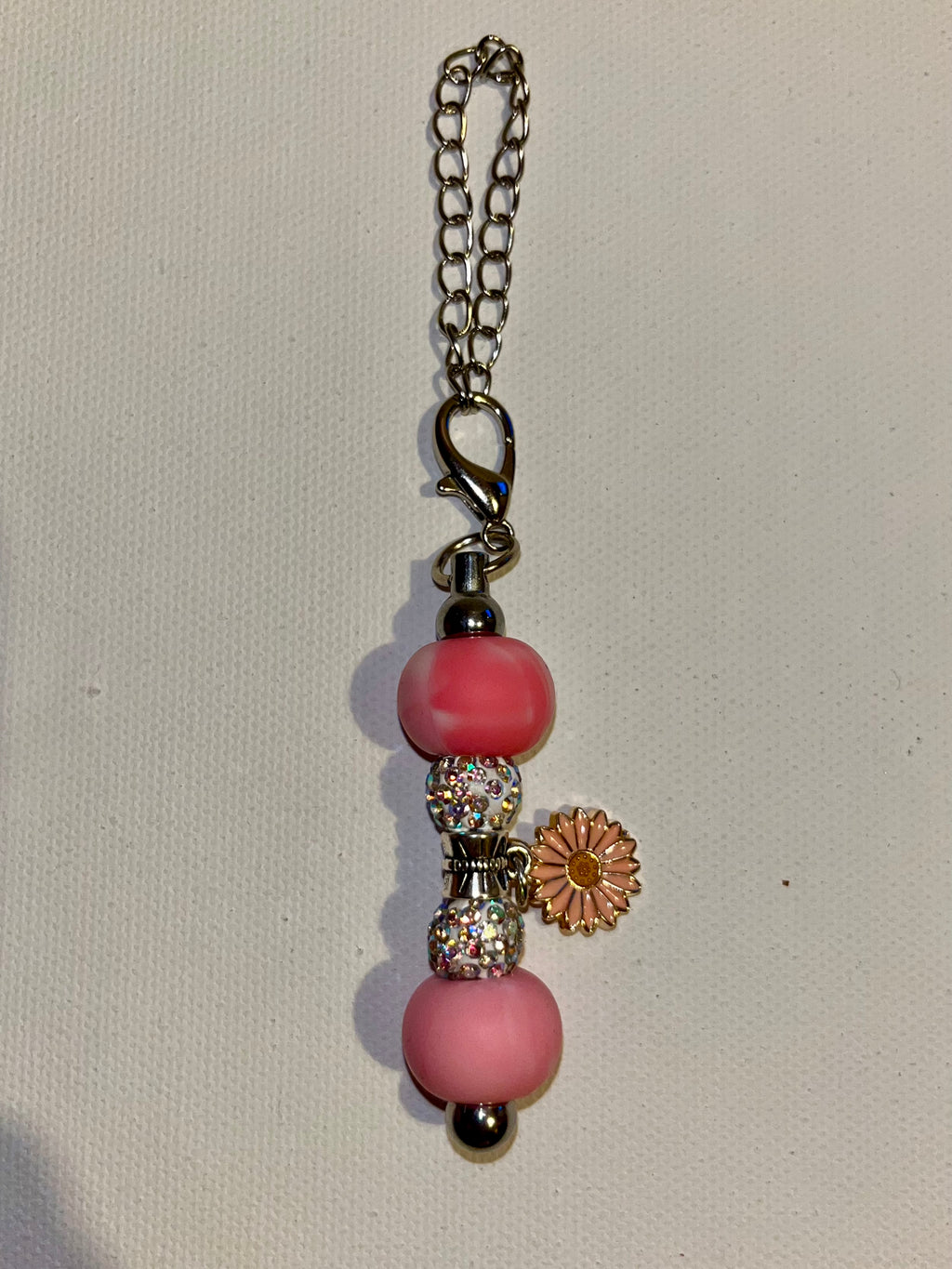 Orange Flower Beaded Cup Charm w/Iridescent Rhinestone & Marbled Pink Accents